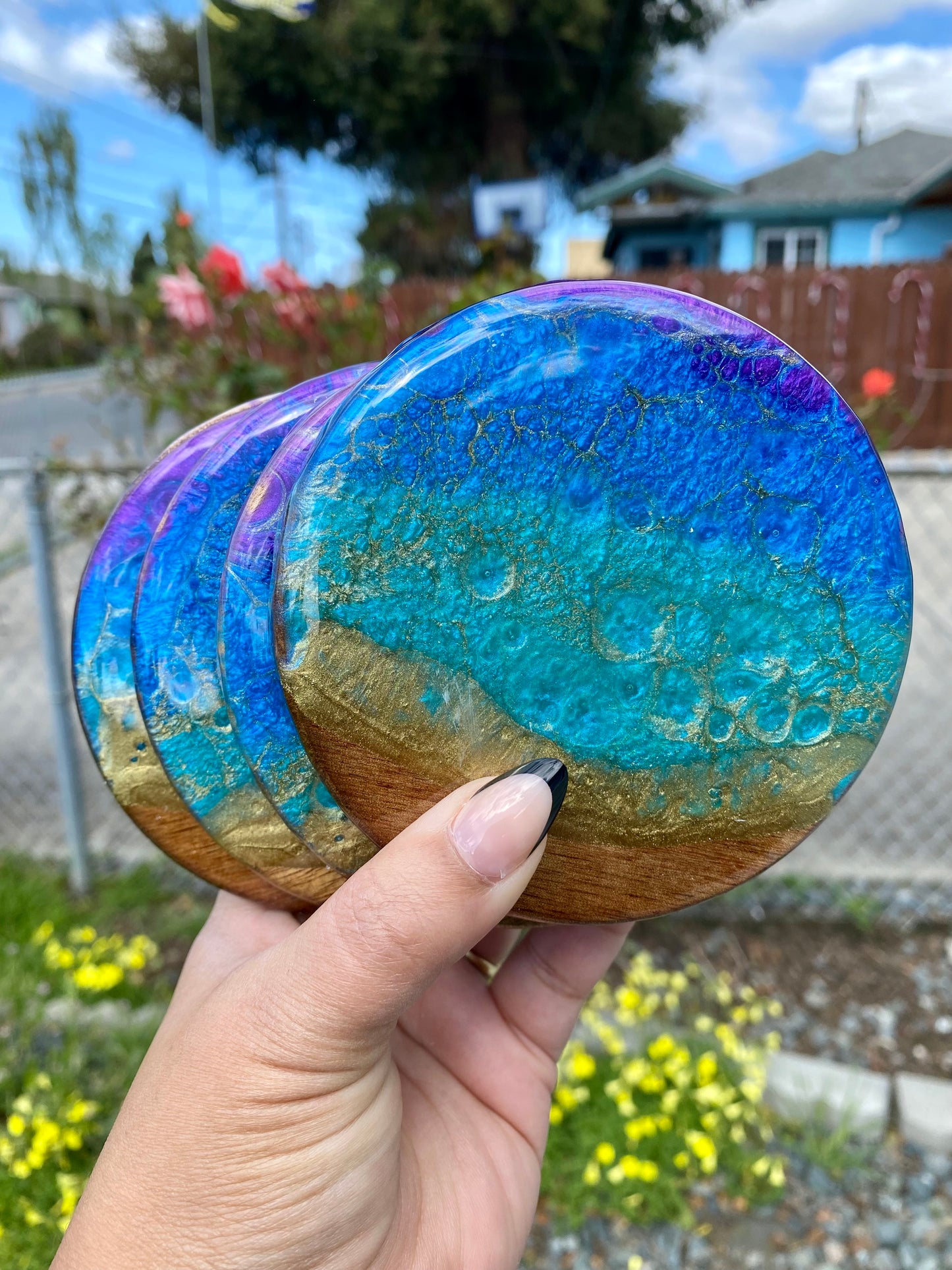 Set of 4 Teal, Blue, Purple and Gold Round Acacia Wood Coasters