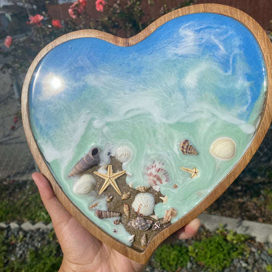 Beach Themed Wooden Heart Tray with Sand and Seashells