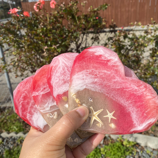 Set of 4 Pink Beach Themed Resin Heart