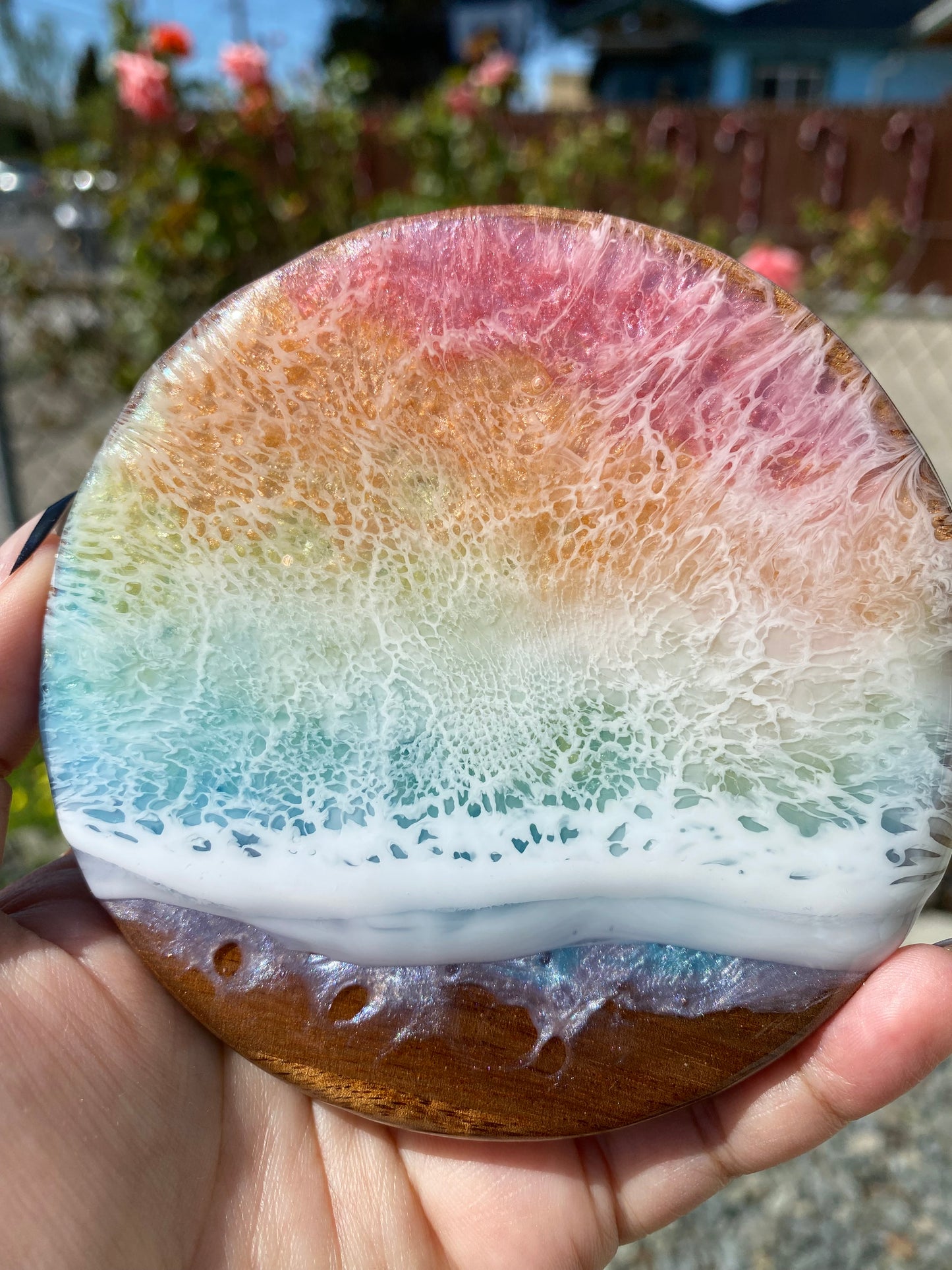 Set of 4 Spring Rainbow Round Acacia Wood Coasters