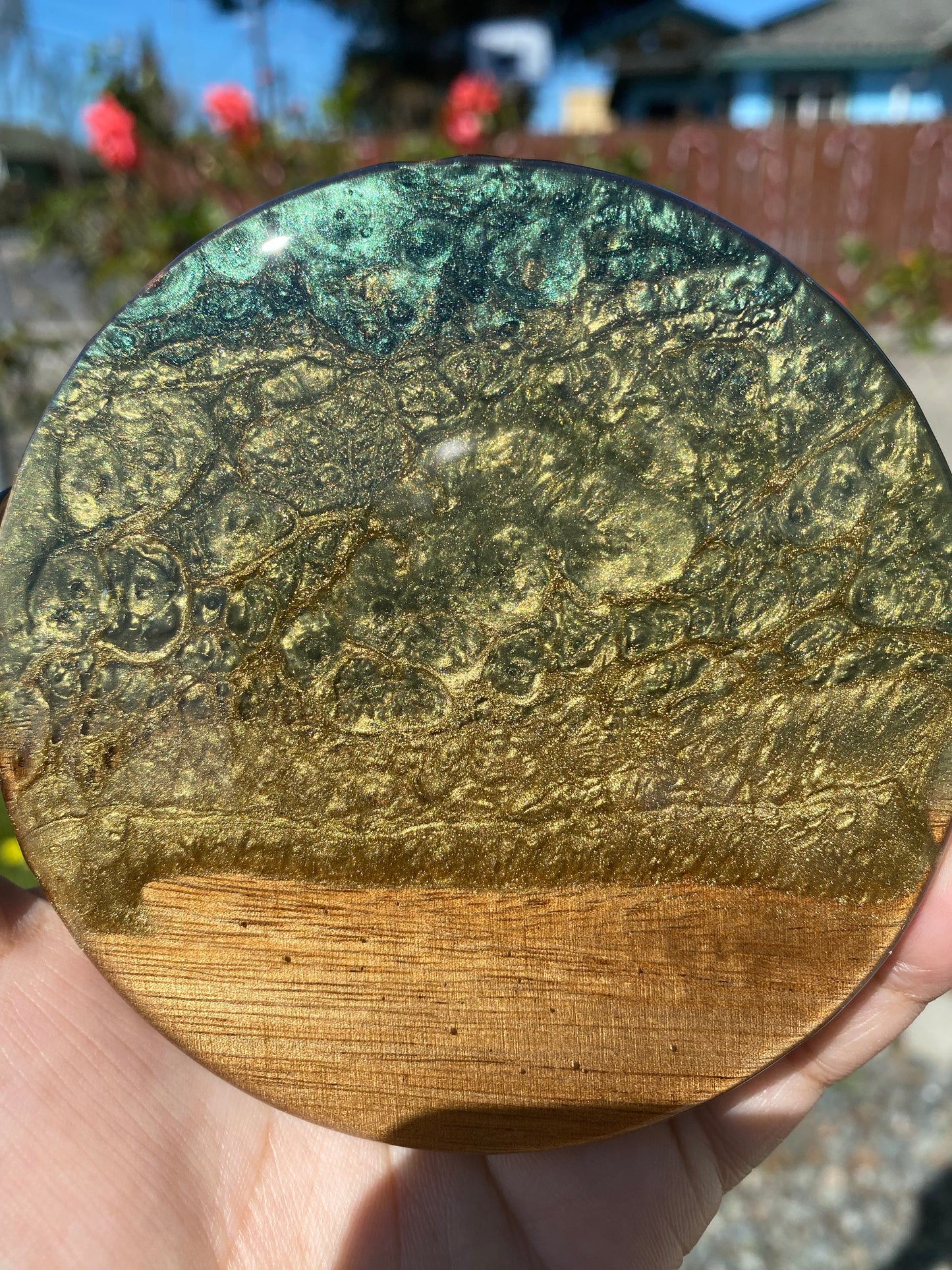 Set of 4 Green and Gold  Round Acacia Wood Coasters