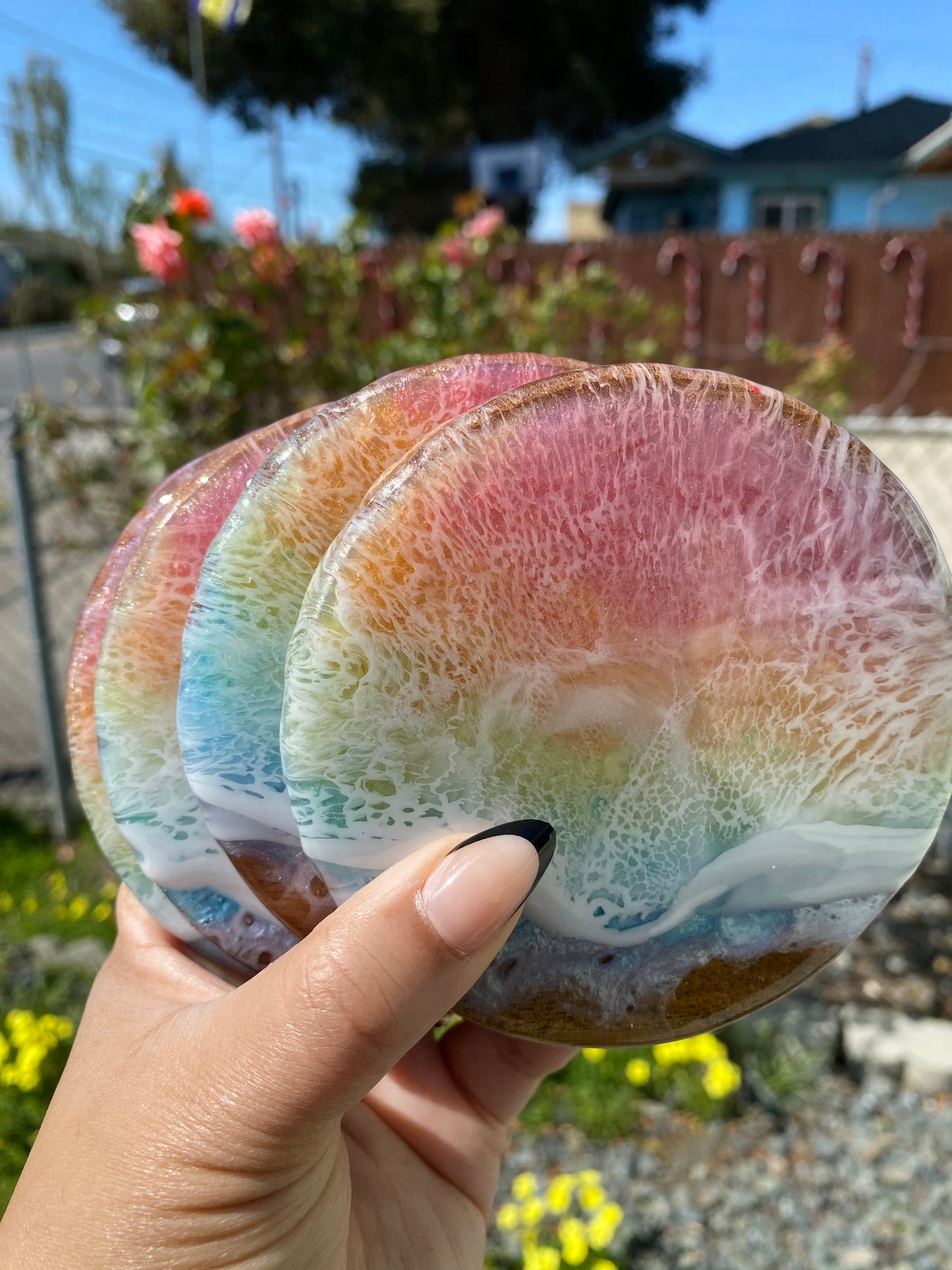 Set of 4 Spring Rainbow Round Acacia Wood Coasters