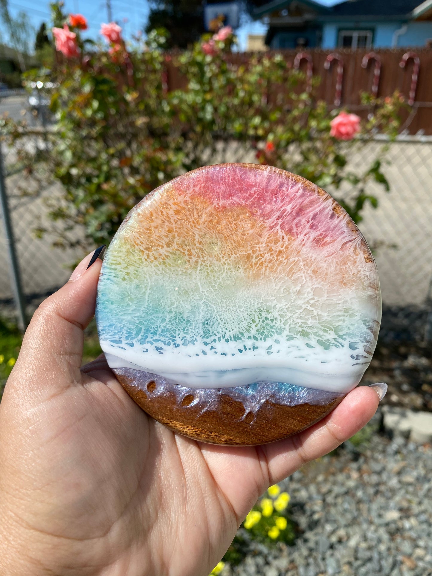 Set of 4 Spring Rainbow Round Acacia Wood Coasters