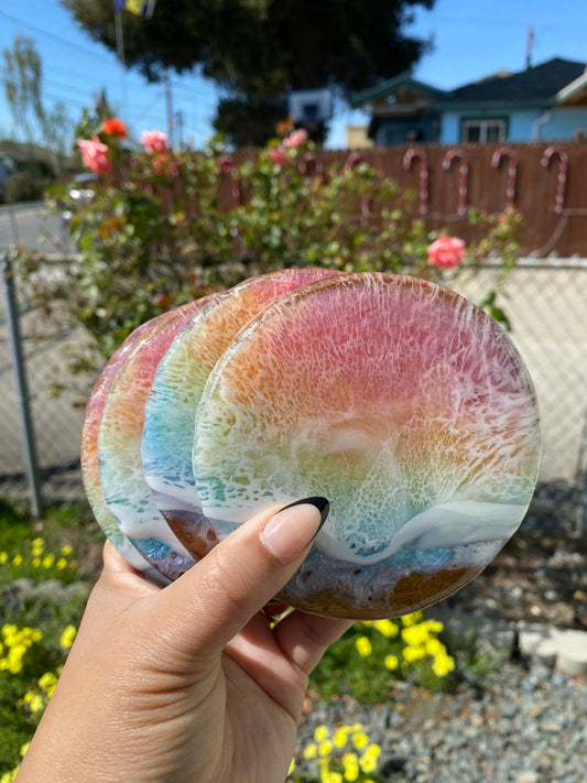 Set of 4 Spring Rainbow Round Acacia Wood Coasters
