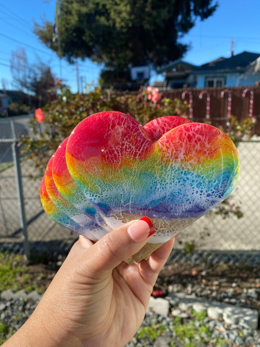 Set of 4 Rainbow Heart Wood Coasters