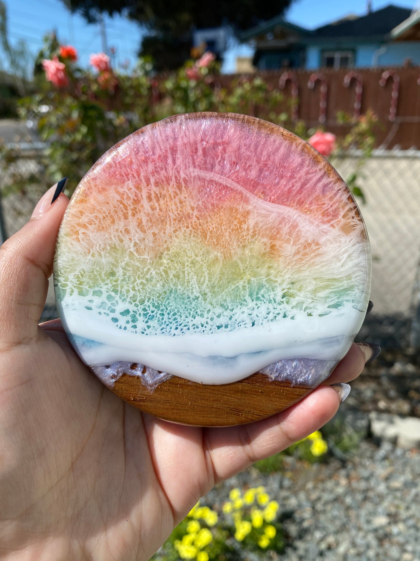 Set of 4 Spring Rainbow Round Acacia Wood Coasters