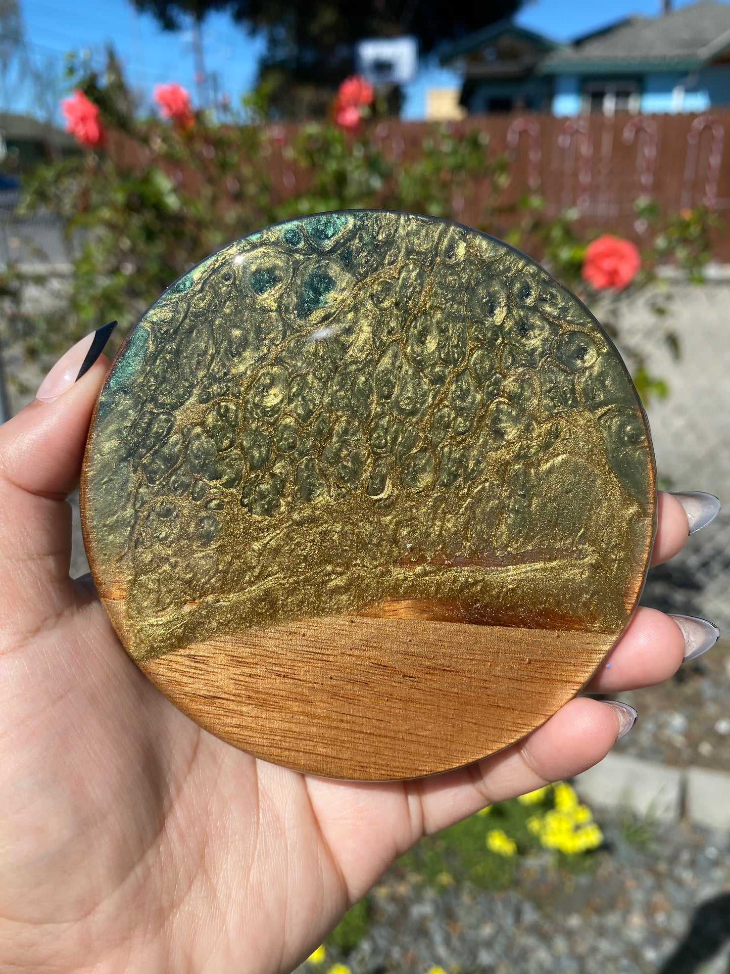 Set of 4 Green and Gold  Round Acacia Wood Coasters