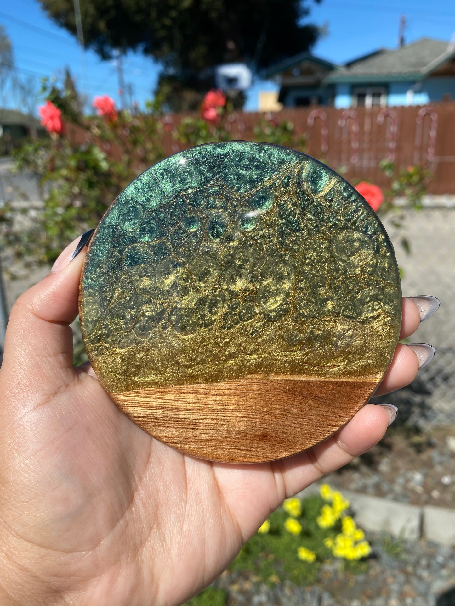 Set of 4 Green and Gold  Round Acacia Wood Coasters