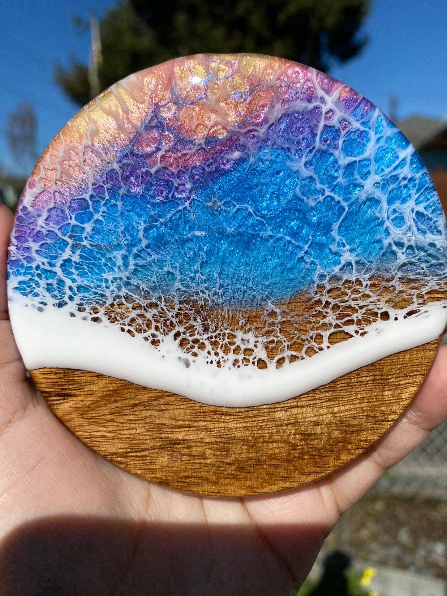 Set of 4 Sunset  Round Acacia Wood Coasters