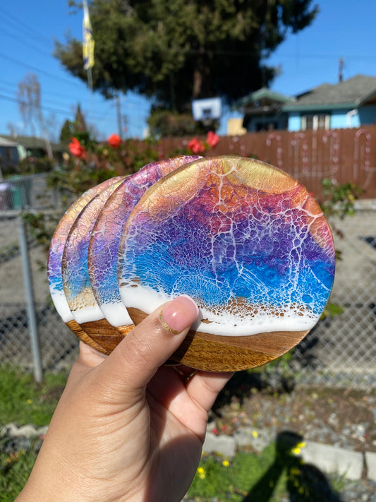 Set of 4 Sunset  Round Acacia Wood Coasters