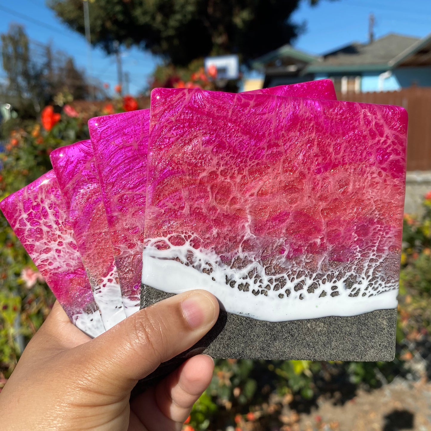 Set of 4 Pink Square Ceramic Coasters