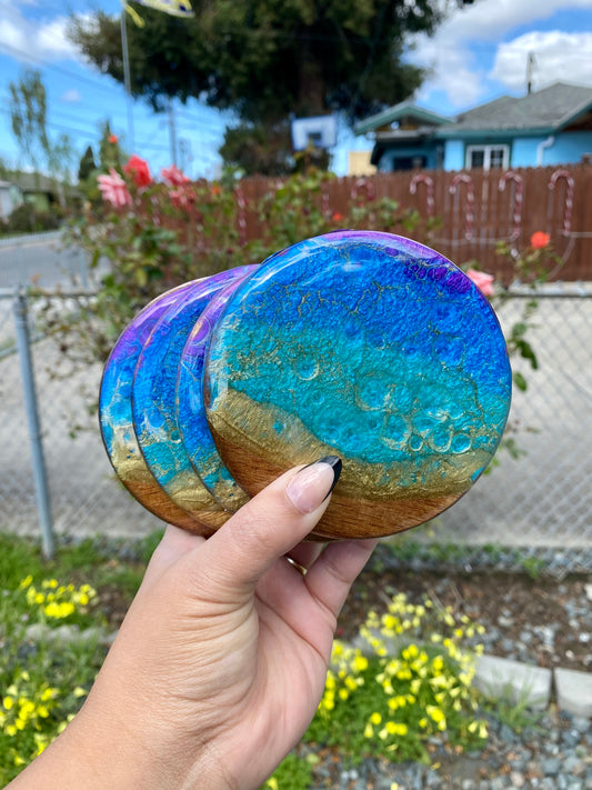 Set of 4 Teal, Blue, Purple and Gold Round Acacia Wood Coasters