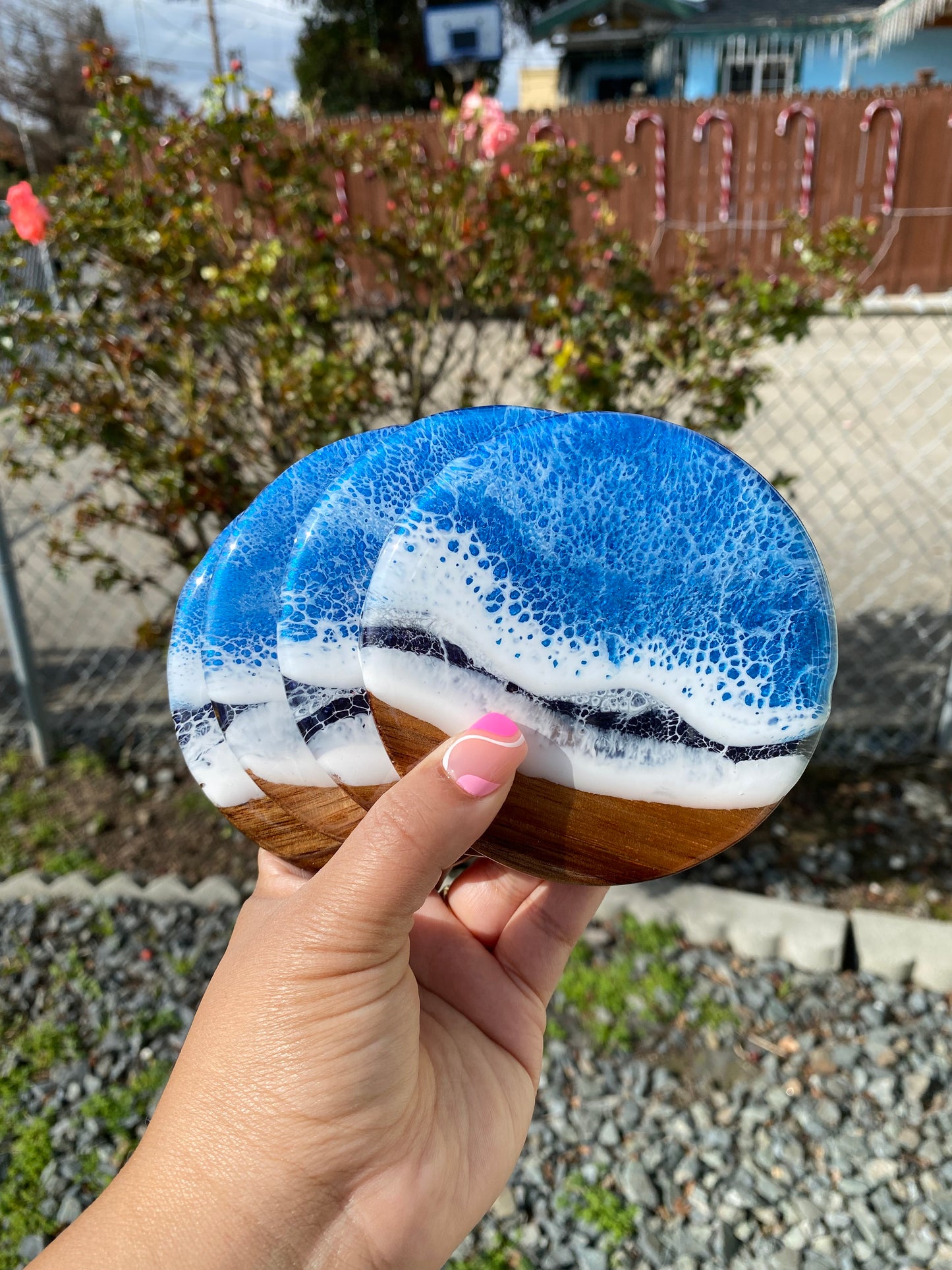 Set of 4 Ocean Themed Round Acacia Wood Coasters