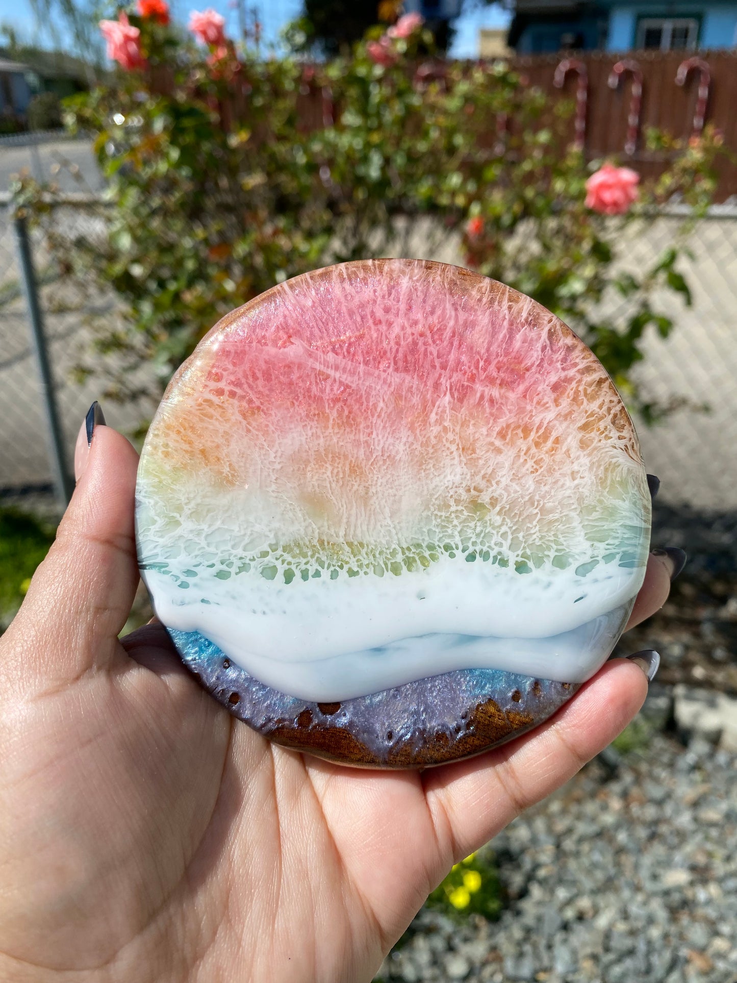 Set of 4 Spring Rainbow Round Acacia Wood Coasters