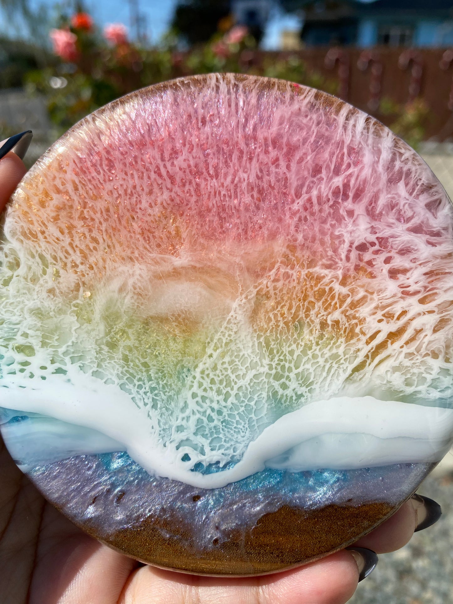 Set of 4 Spring Rainbow Round Acacia Wood Coasters