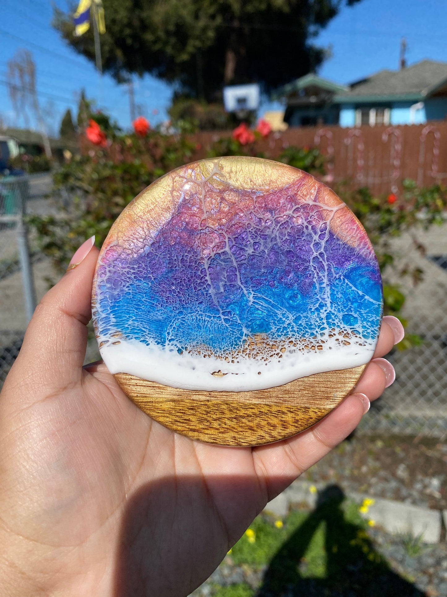 Set of 4 Sunset  Round Acacia Wood Coasters