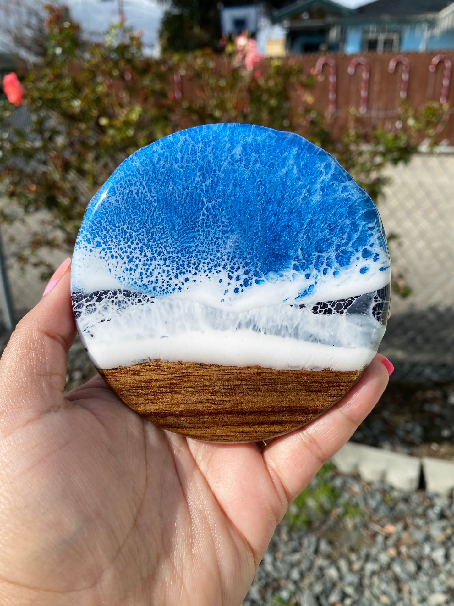 Set of 4 Ocean Themed Round Acacia Wood Coasters