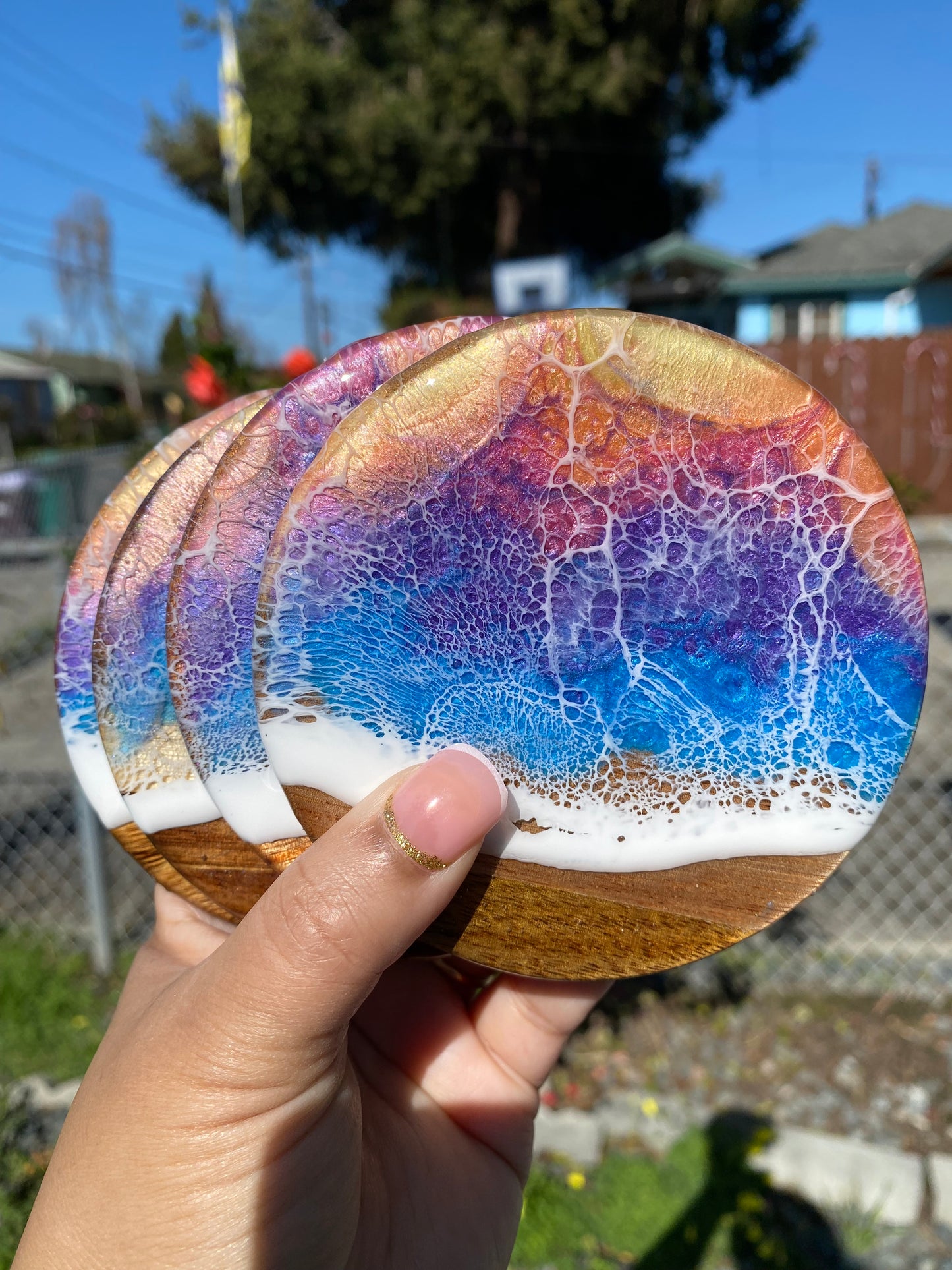 Set of 4 Sunset  Round Acacia Wood Coasters