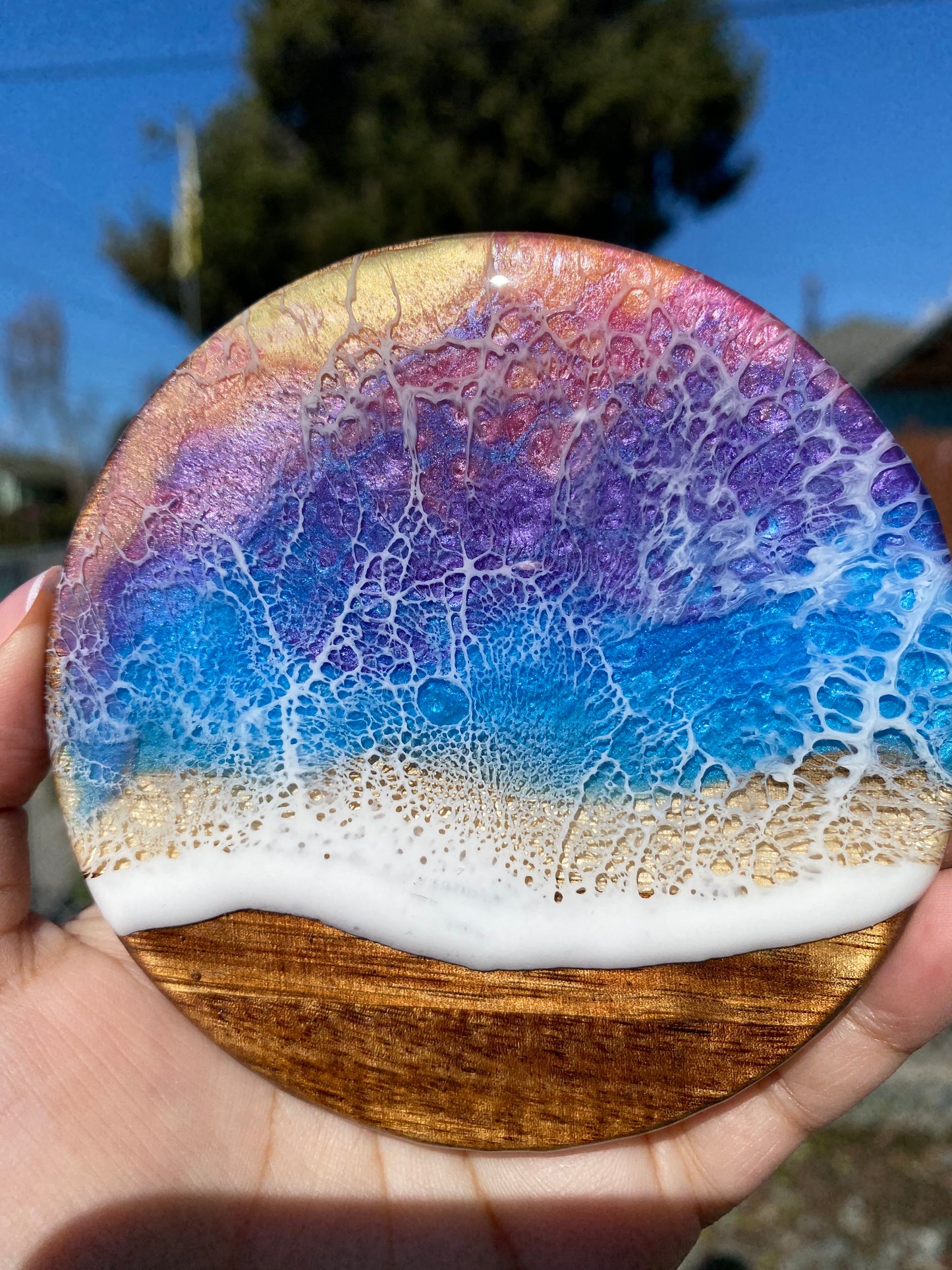 Set of 4 Sunset  Round Acacia Wood Coasters