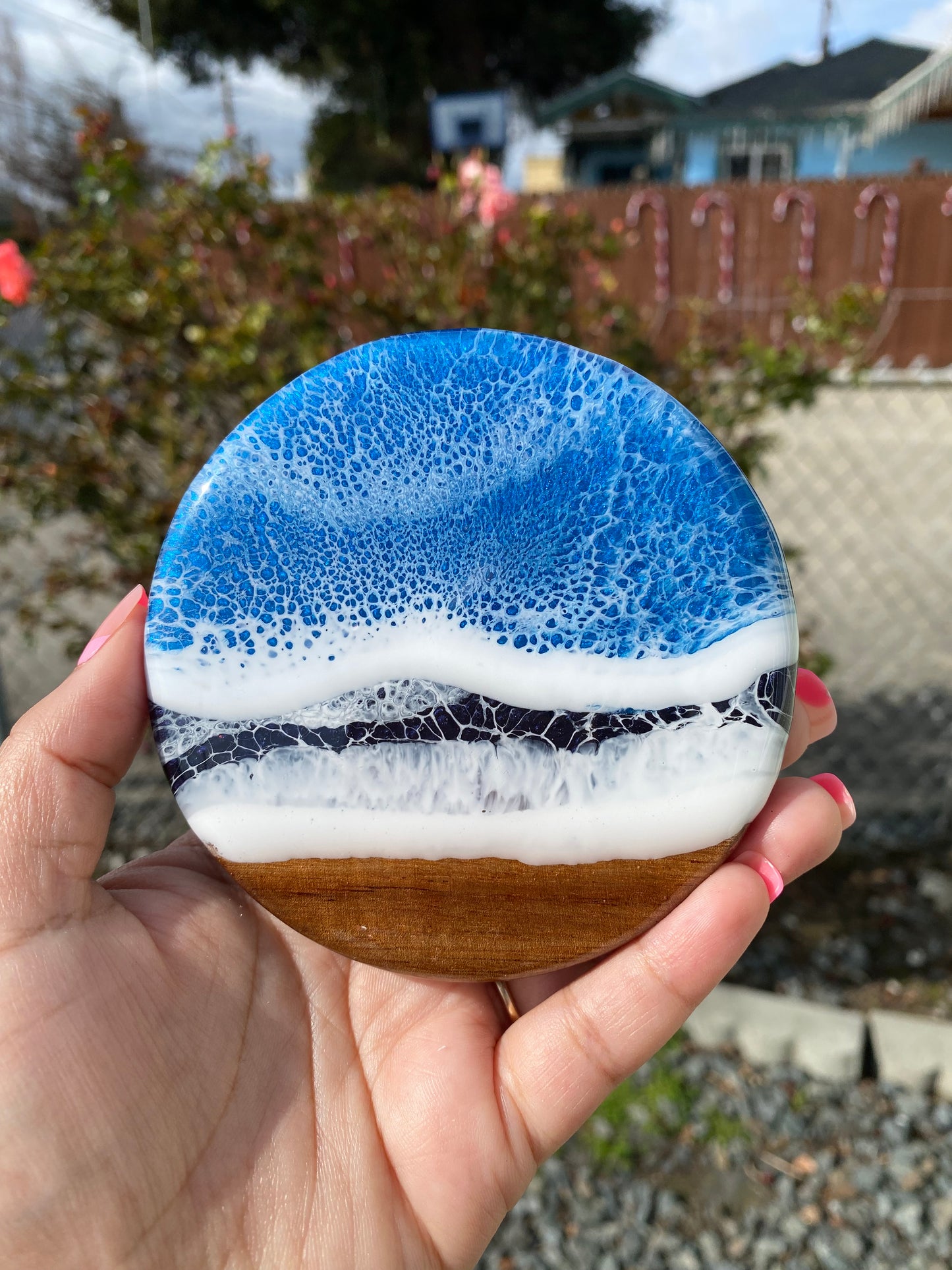 Set of 4 Ocean Themed Round Acacia Wood Coasters