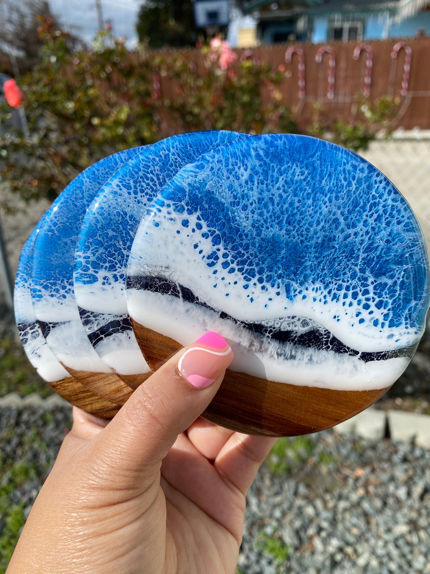 Set of 4 Ocean Themed Round Acacia Wood Coasters