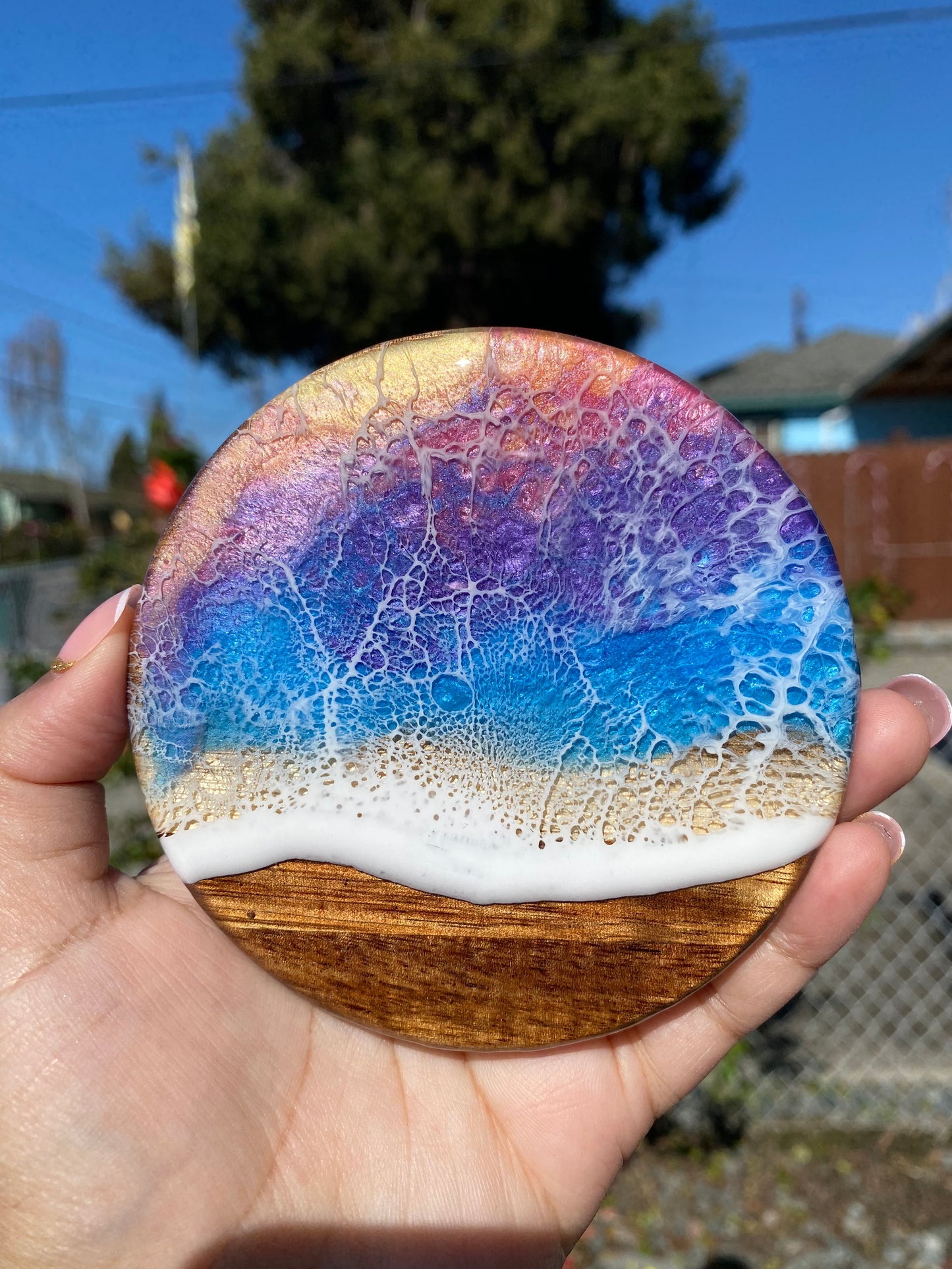 Set of 4 Sunset  Round Acacia Wood Coasters