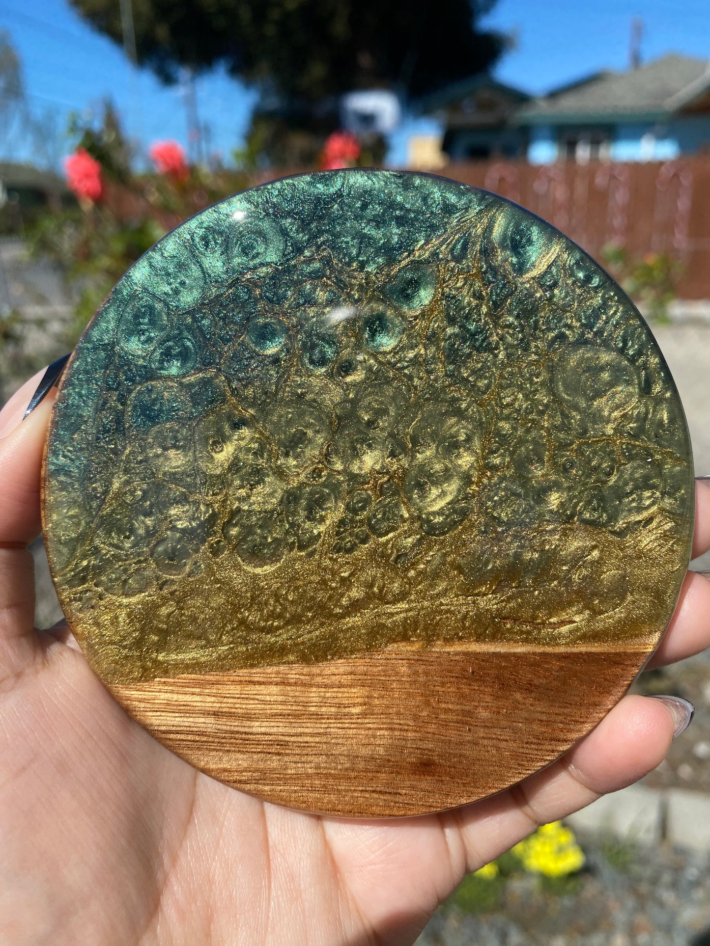 Set of 4 Green and Gold  Round Acacia Wood Coasters