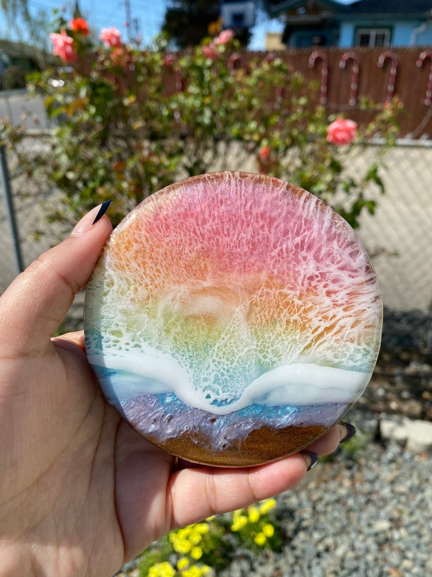 Set of 4 Spring Rainbow Round Acacia Wood Coasters