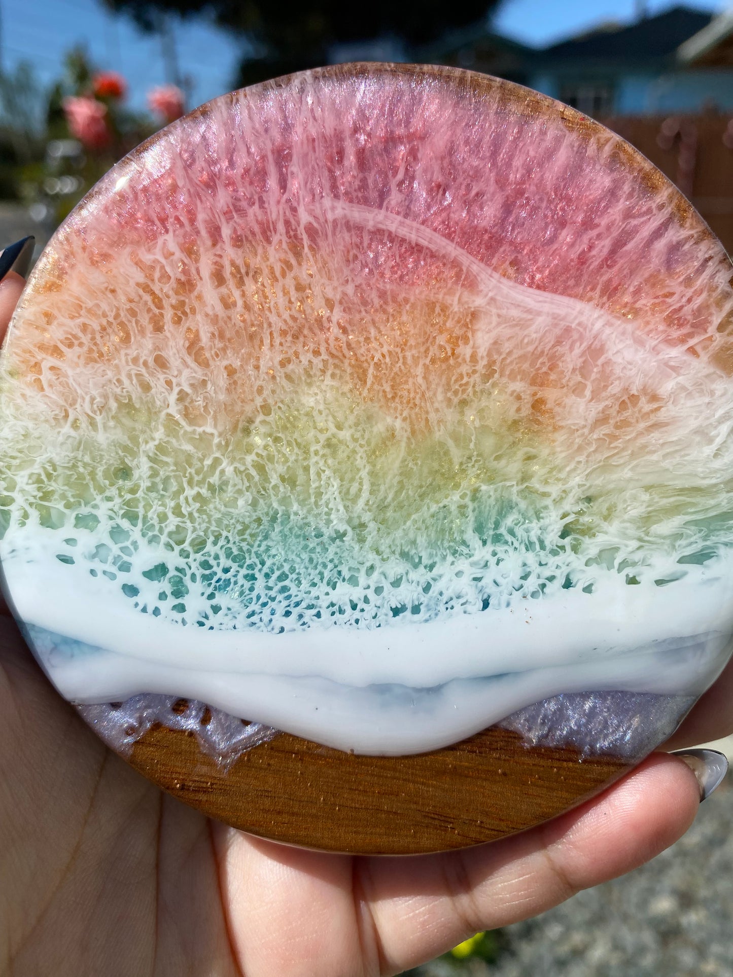 Set of 4 Spring Rainbow Round Acacia Wood Coasters