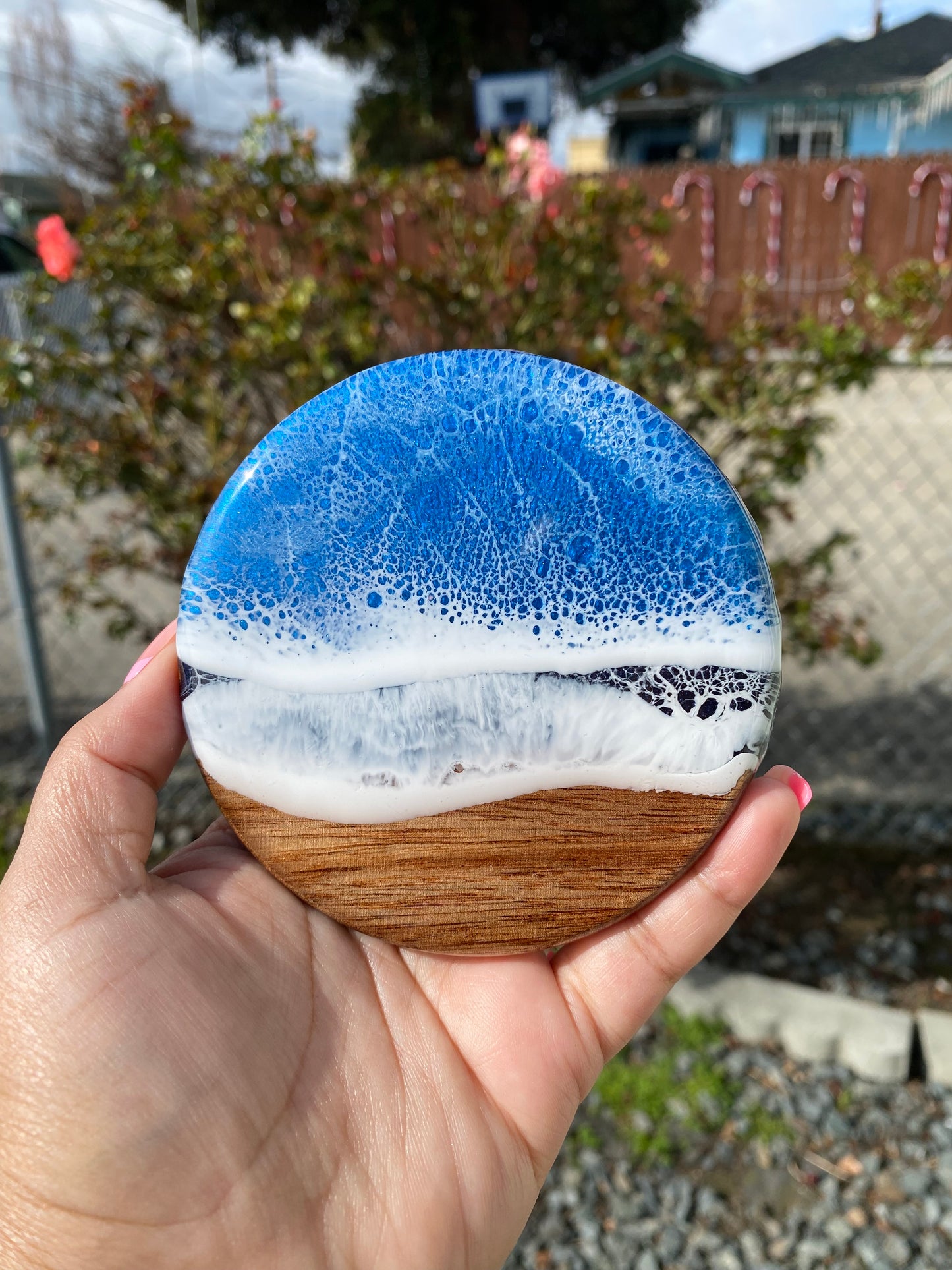 Set of 4 Ocean Themed Round Acacia Wood Coasters