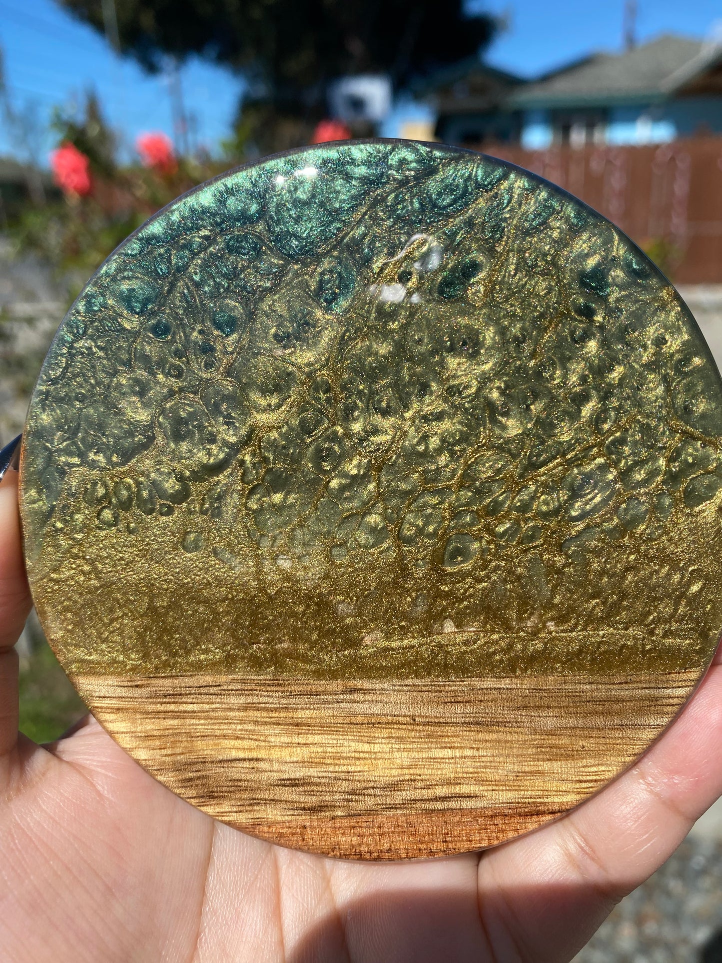 Set of 4 Green and Gold  Round Acacia Wood Coasters