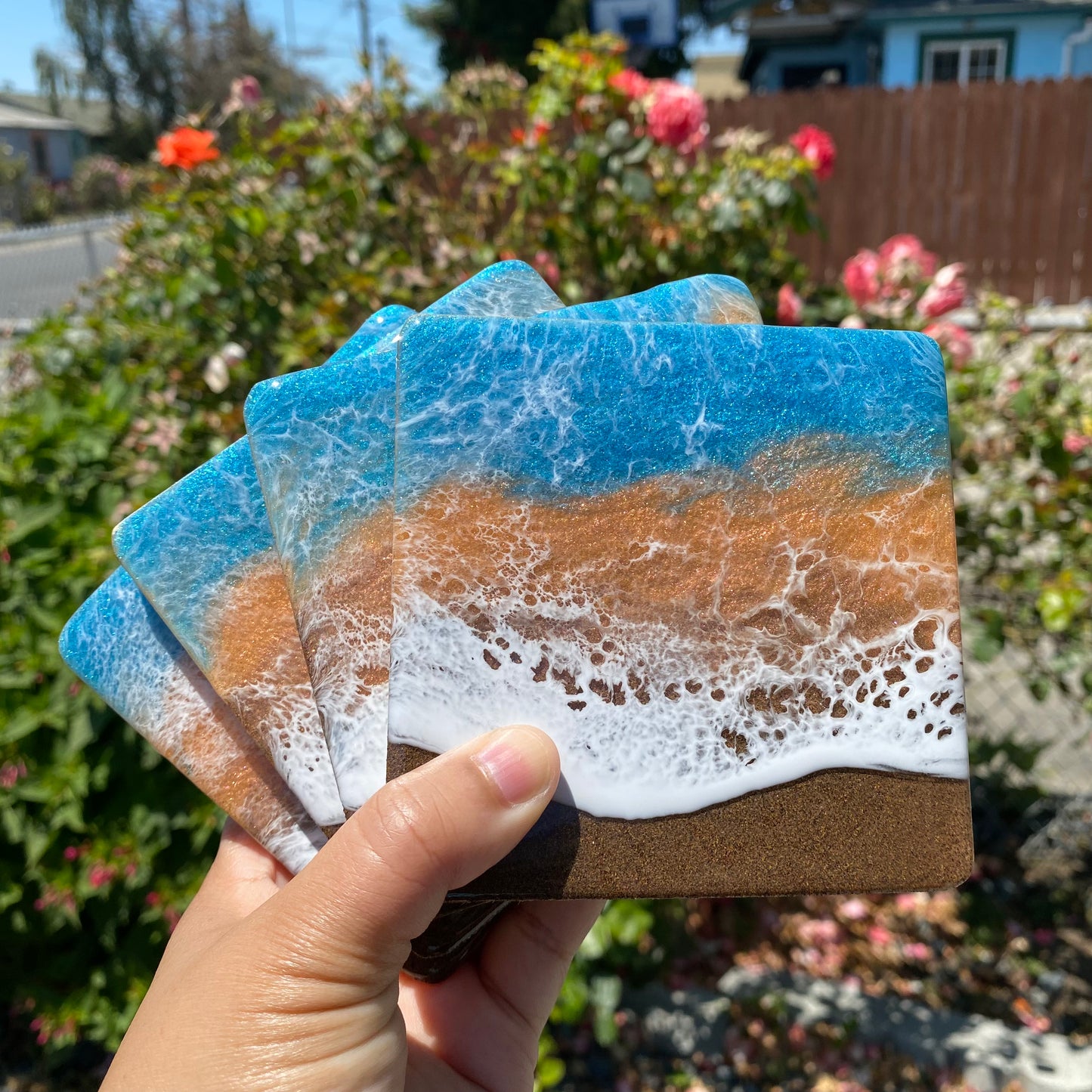 Set of 4 Teal and Orange Square Wooden Coasters