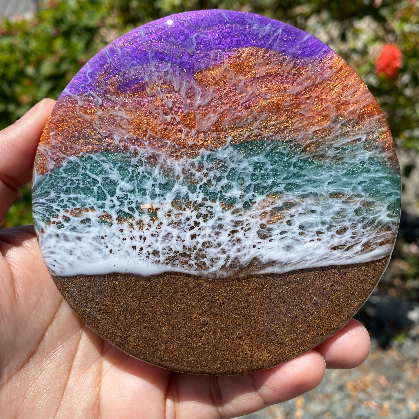 Set of 4 Teal, Orange and Purple Round Wooden Coasters