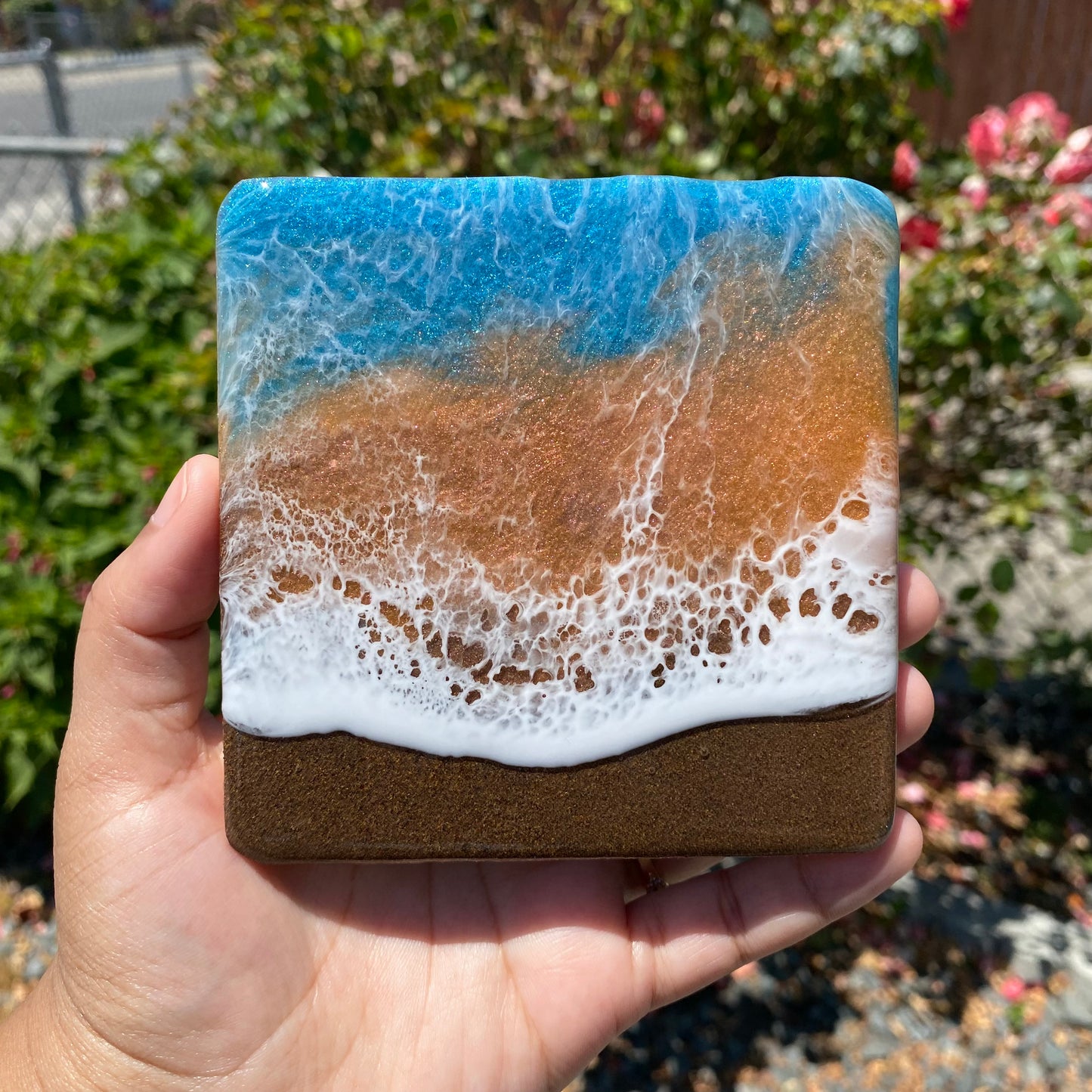 Set of 4 Teal and Orange Square Wooden Coasters