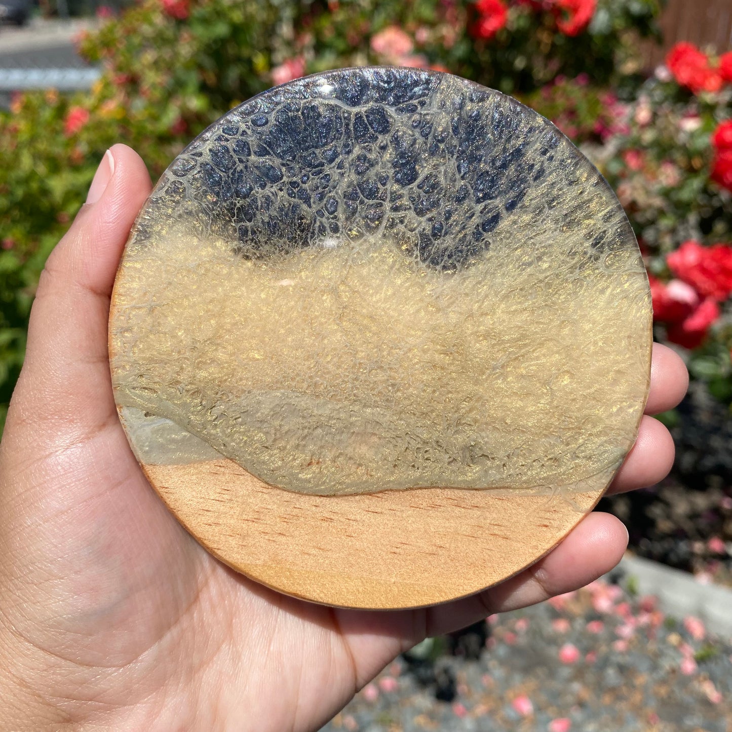 Set of 4 Black, White and Gold Round Wooden Coasters