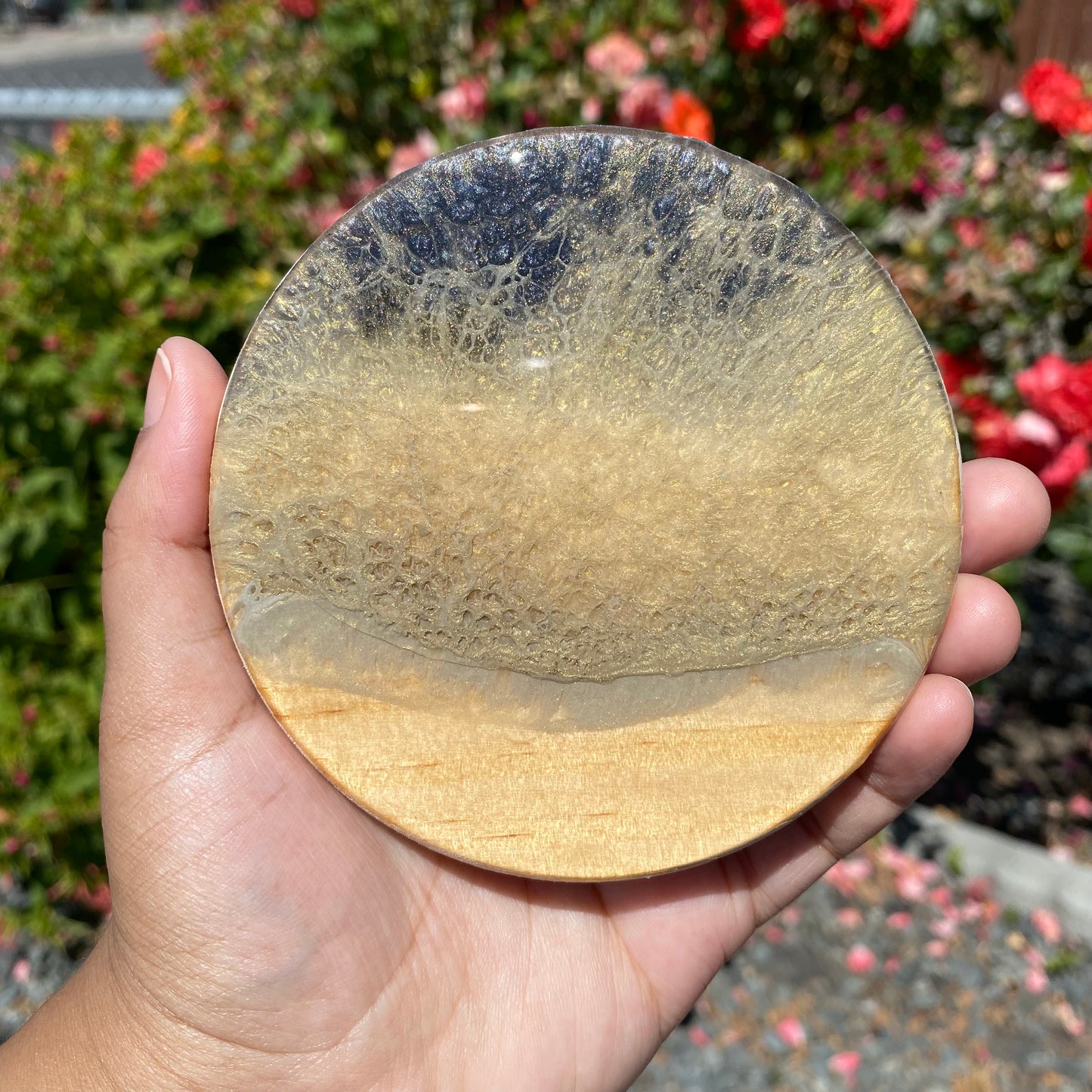 Set of 4 Black, White and Gold Round Wooden Coasters