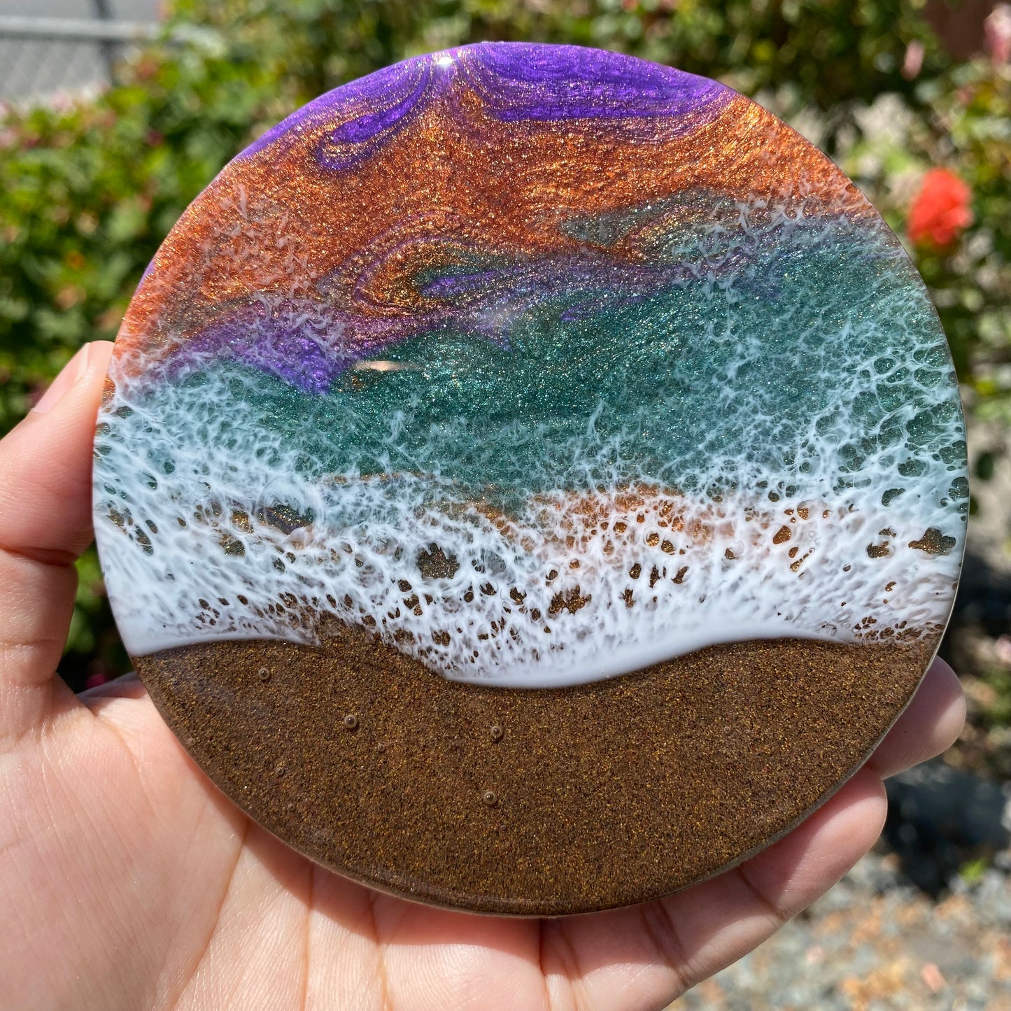 Set of 4 Teal, Orange and Purple Round Wooden Coasters