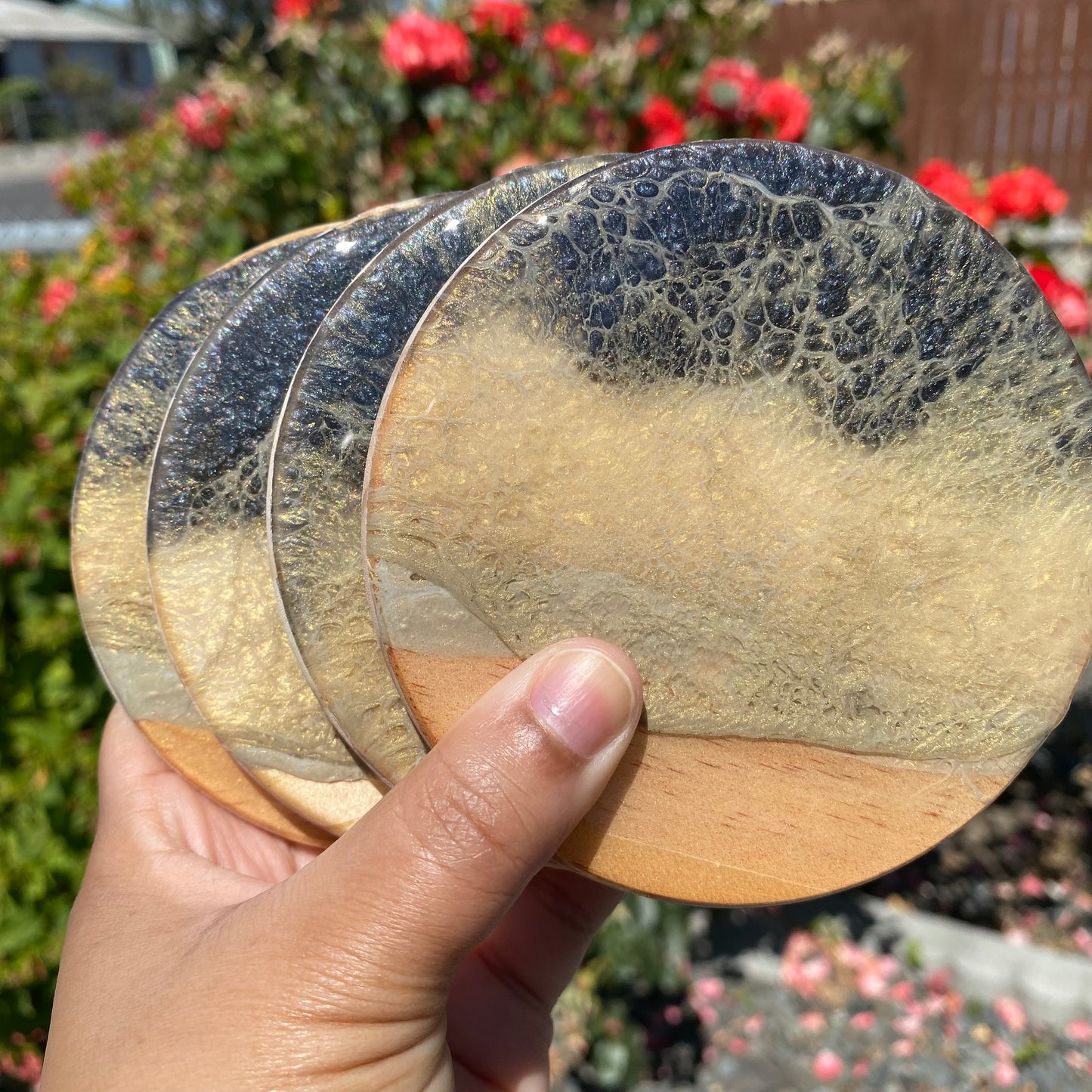 Set of 4 Black, White and Gold Round Wooden Coasters