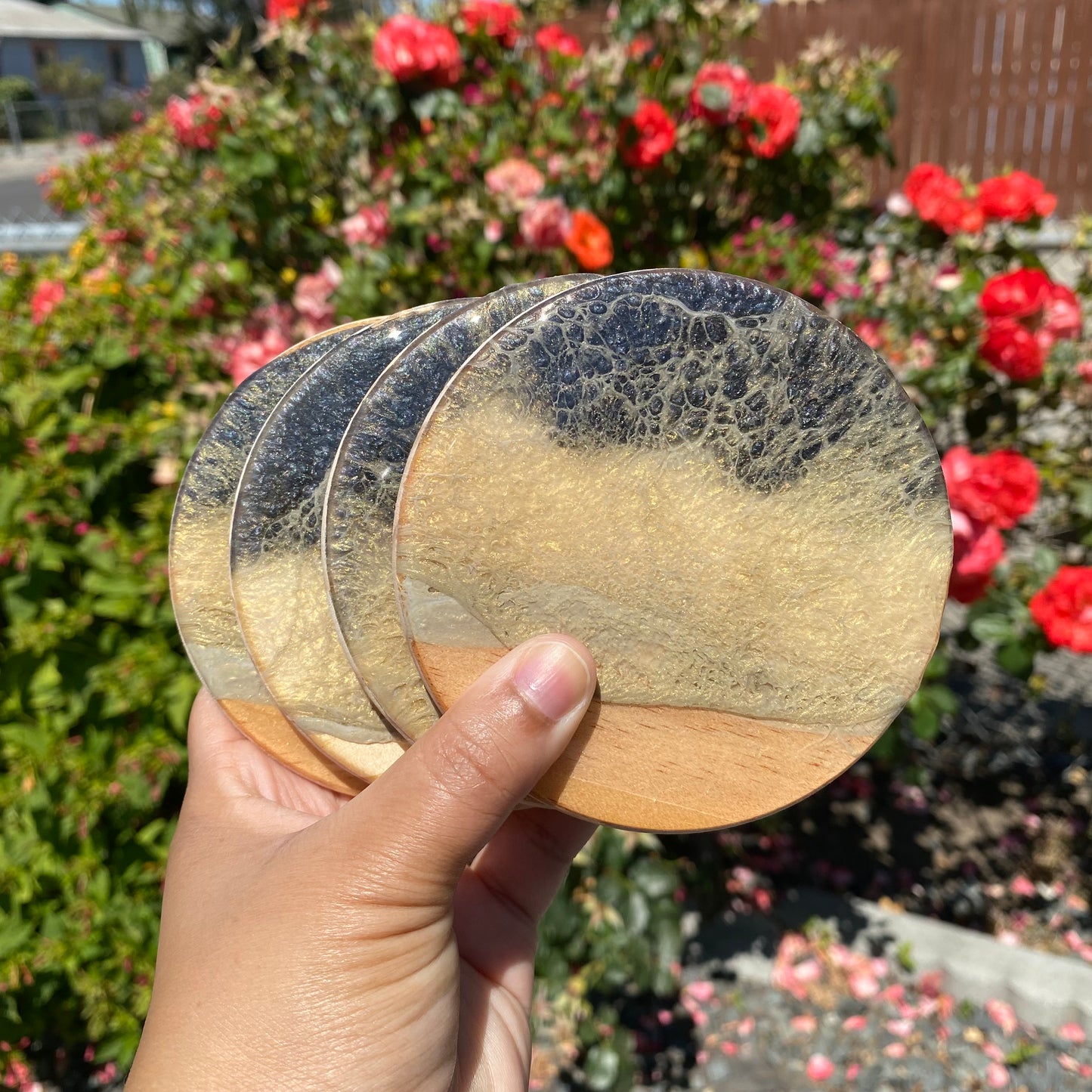 Set of 4 Black, White and Gold Round Wooden Coasters