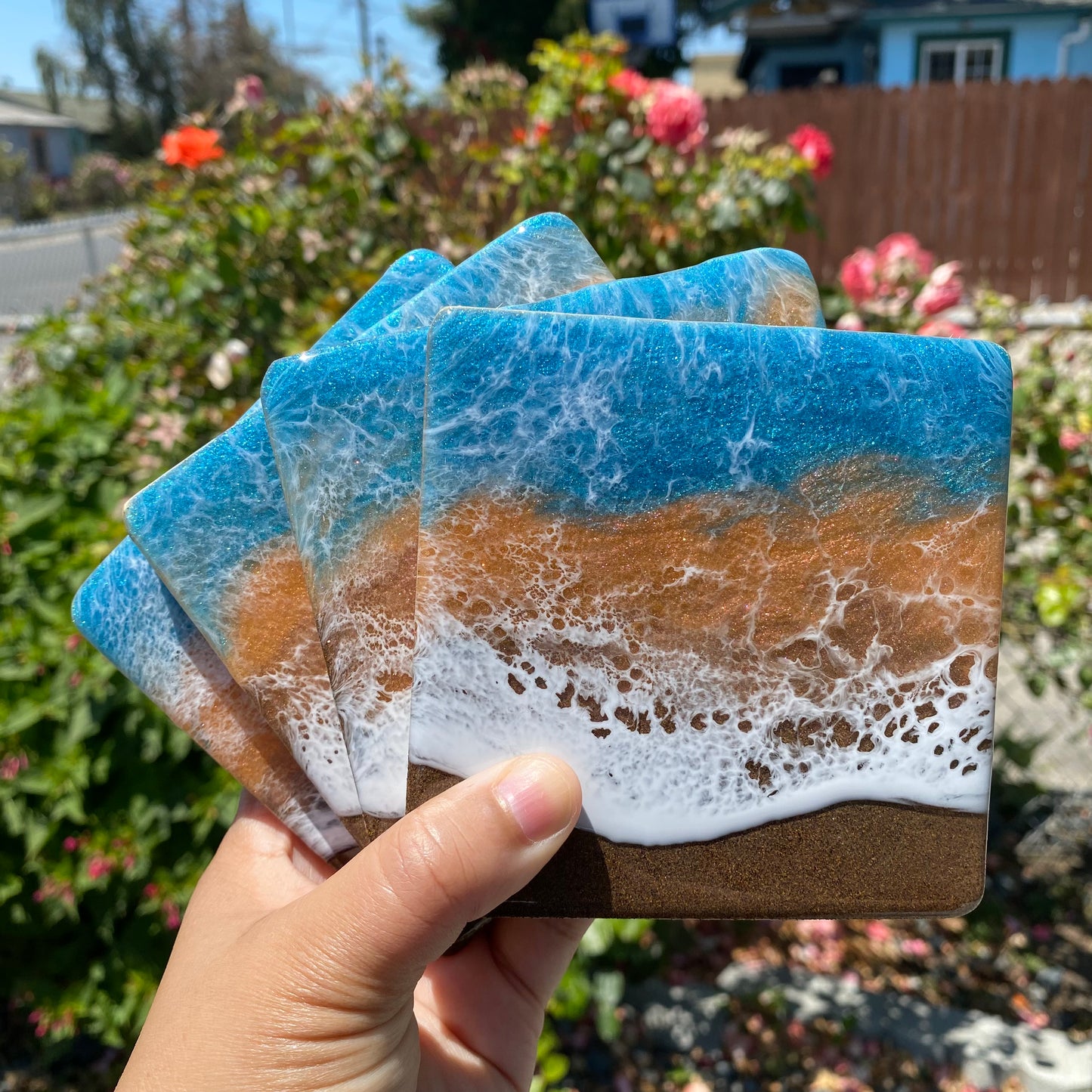 Set of 4 Teal and Orange Square Wooden Coasters