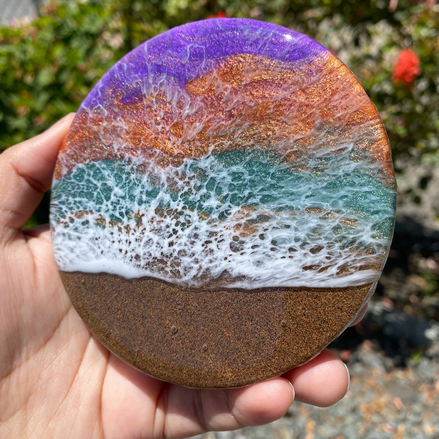 Set of 4 Teal, Orange and Purple Round Wooden Coasters