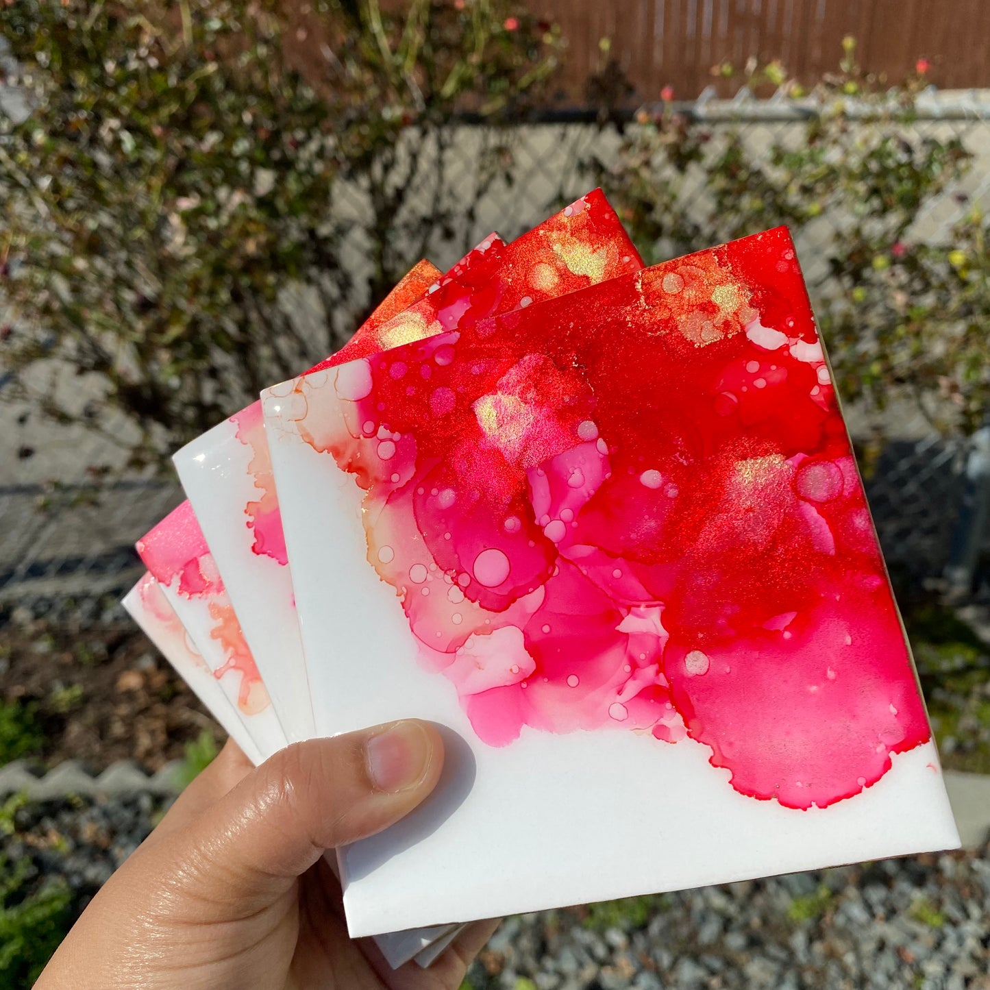 Set of 4 Red,Pink and Gold Ceramic Coasters