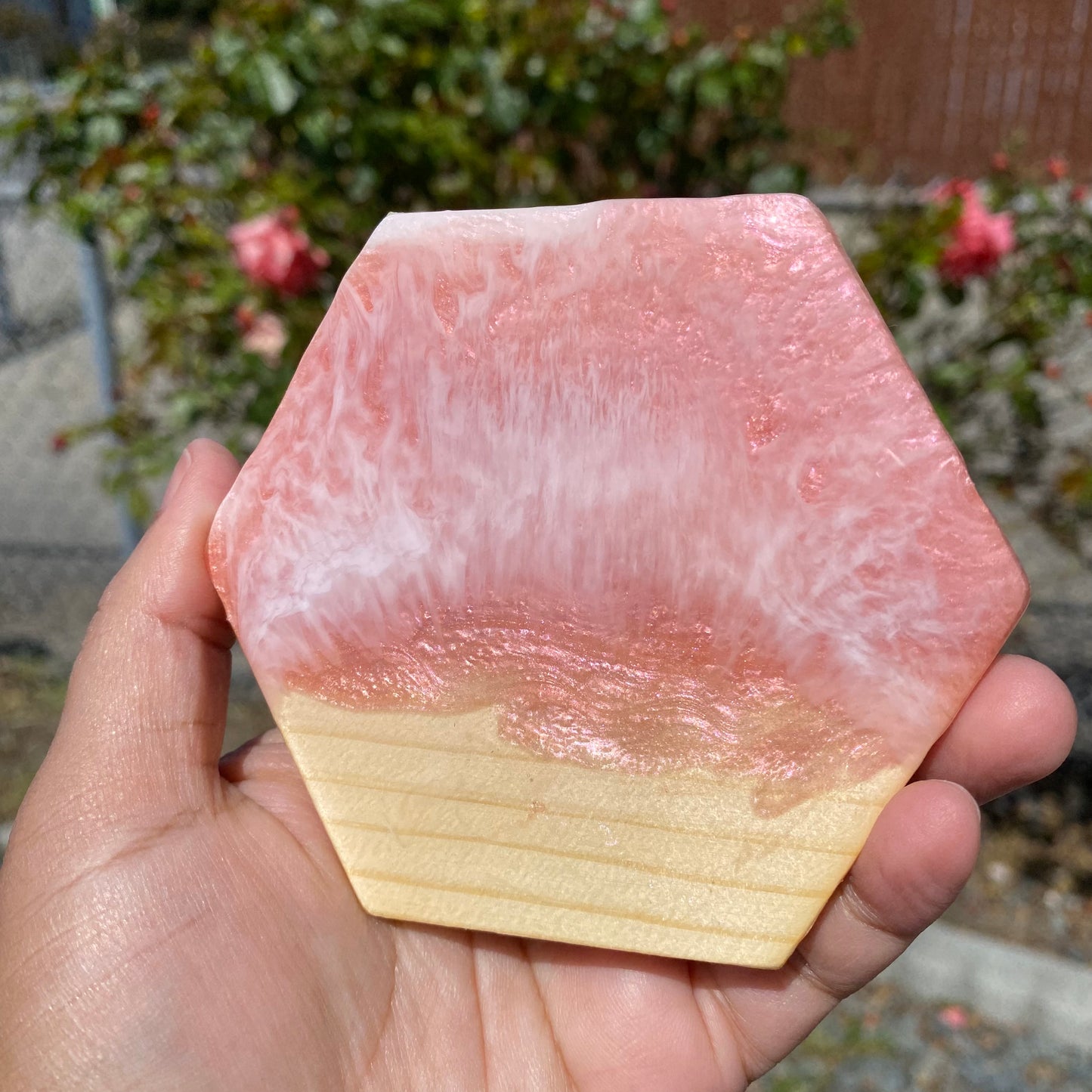 Set of 4 Pink and Rose Gold Hexagon Wooden Coasters