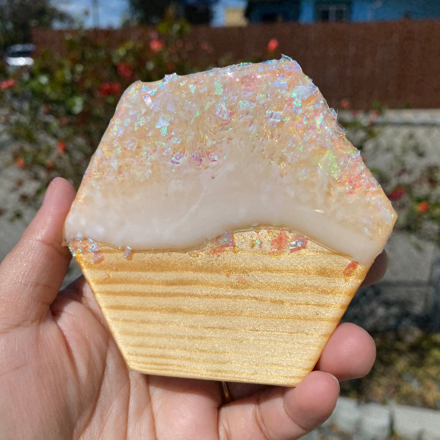 Set of 4 Holographic Hexagon Wooden Coasters