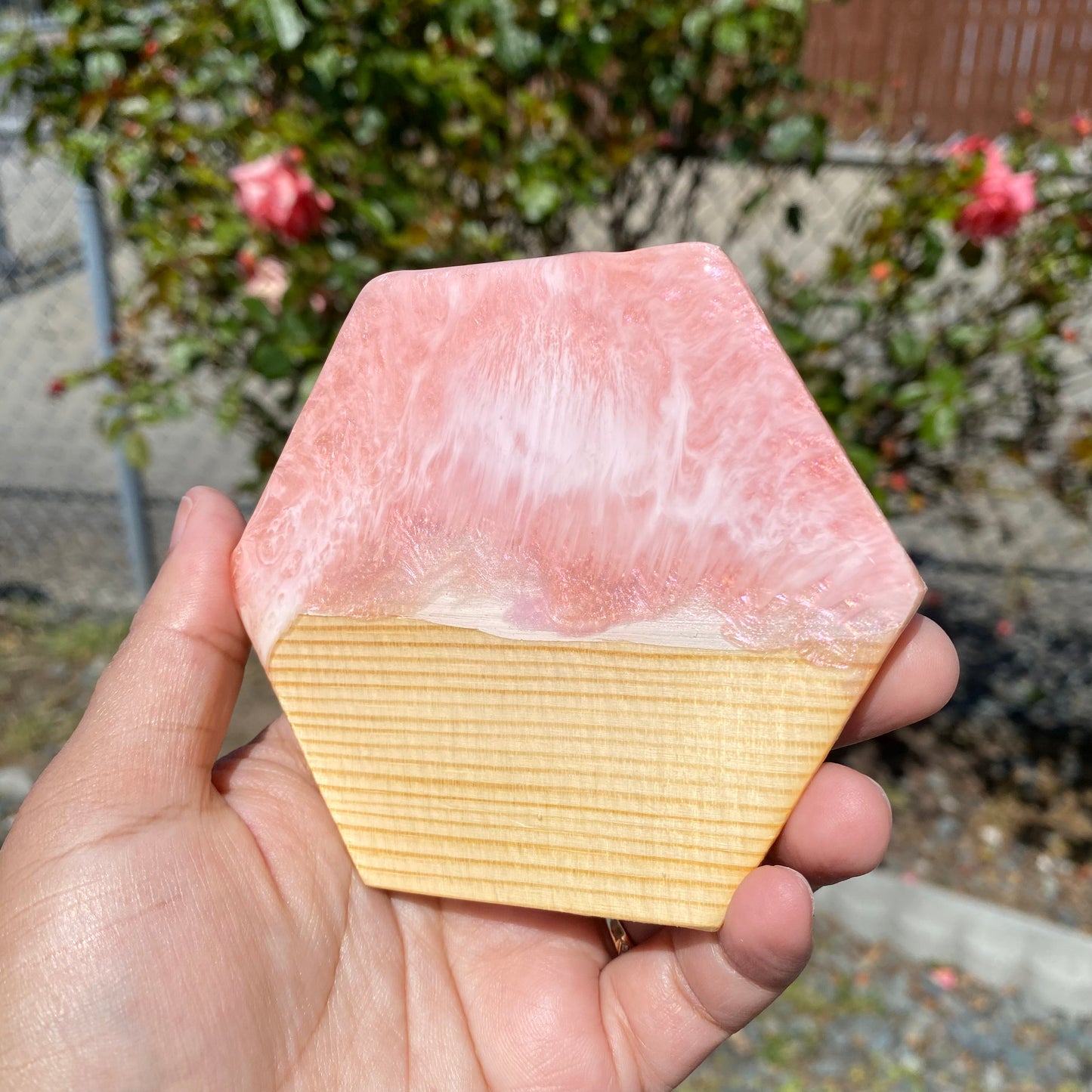 Set of 4 Pink and Rose Gold Hexagon Wooden Coasters