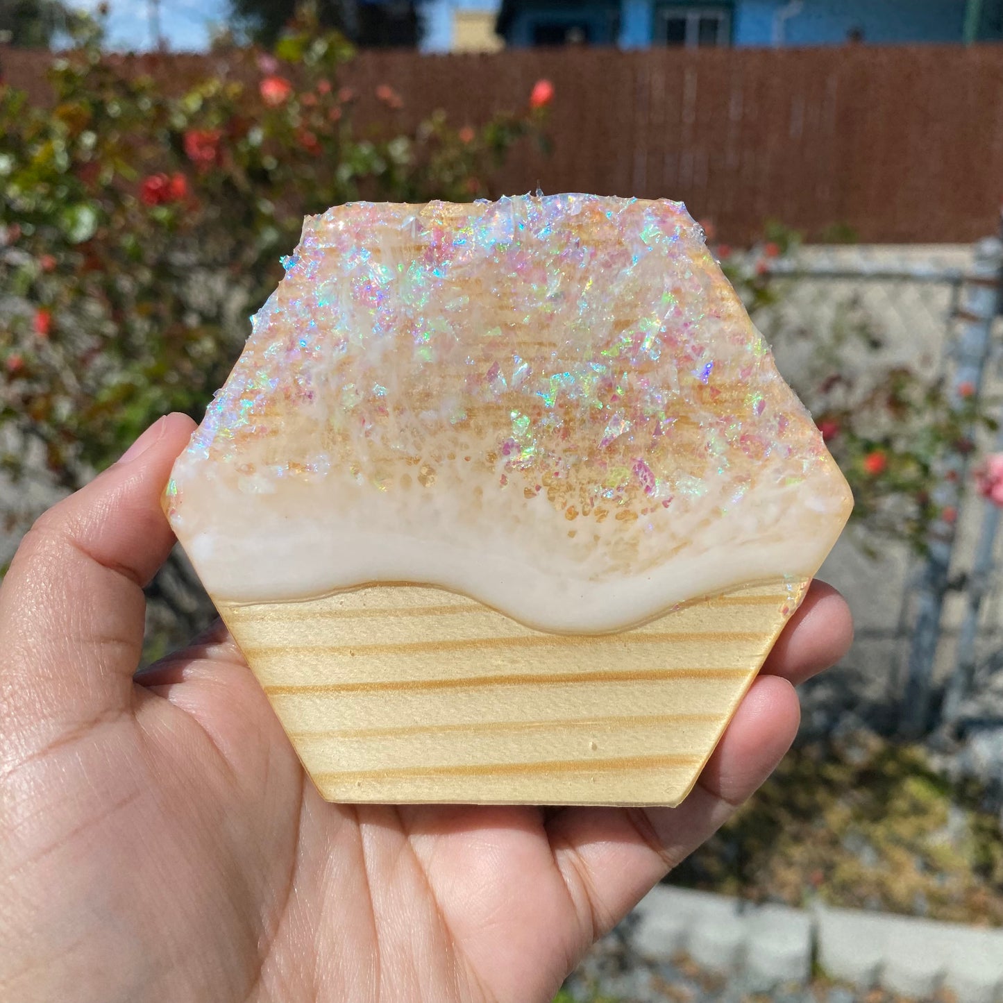 Set of 4 Holographic Hexagon Wooden Coasters