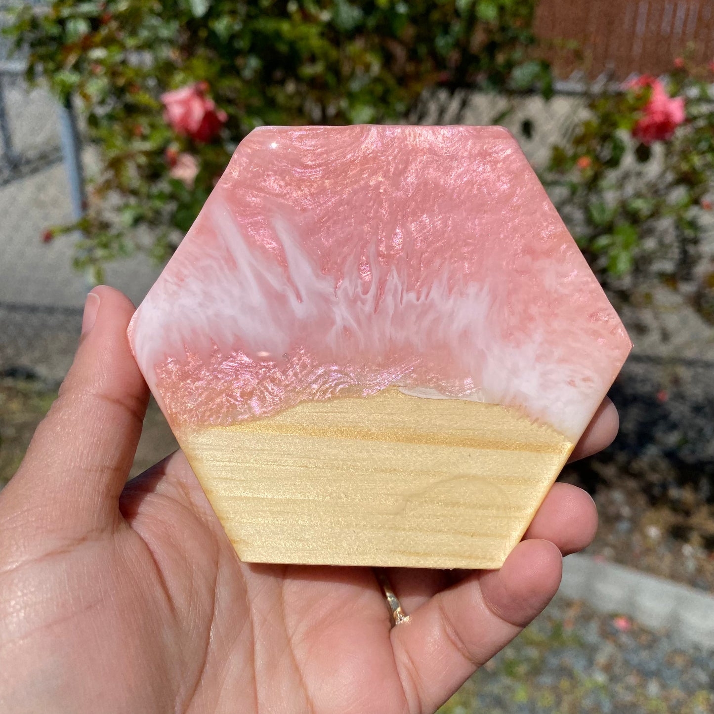 Set of 4 Pink and Rose Gold Hexagon Wooden Coasters