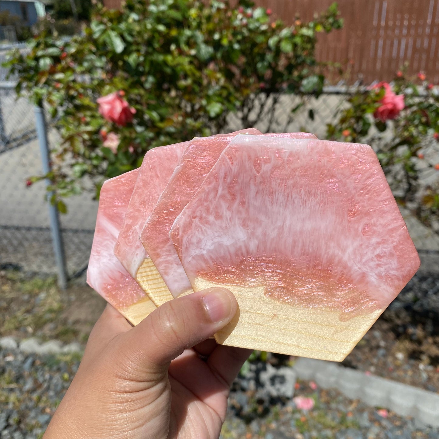 Set of 4 Pink and Rose Gold Hexagon Wooden Coasters