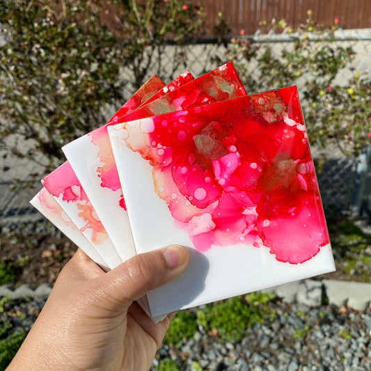 Set of 4 Red,Pink and Gold Ceramic Coasters