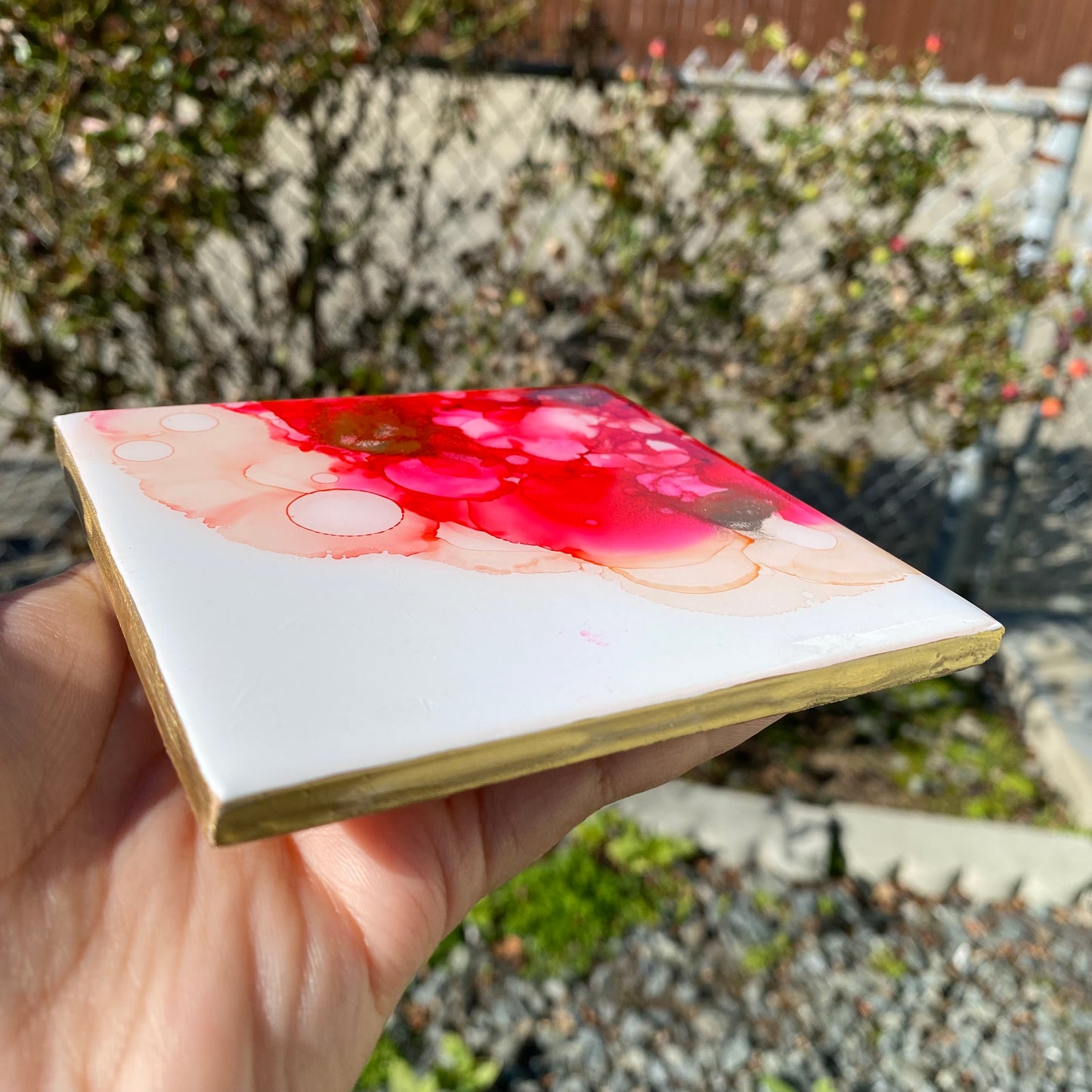 Set of 4 Red,Pink and Gold Ceramic Coasters